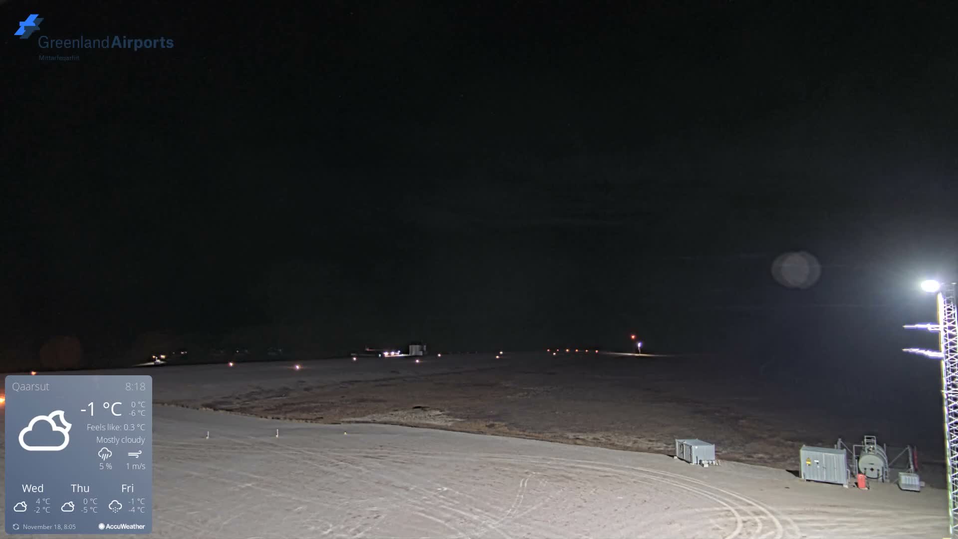 A very dark outdoor nighttime view of an airport area features faint distant lights and foreground structures under a mostly clear sky with scattered stars.