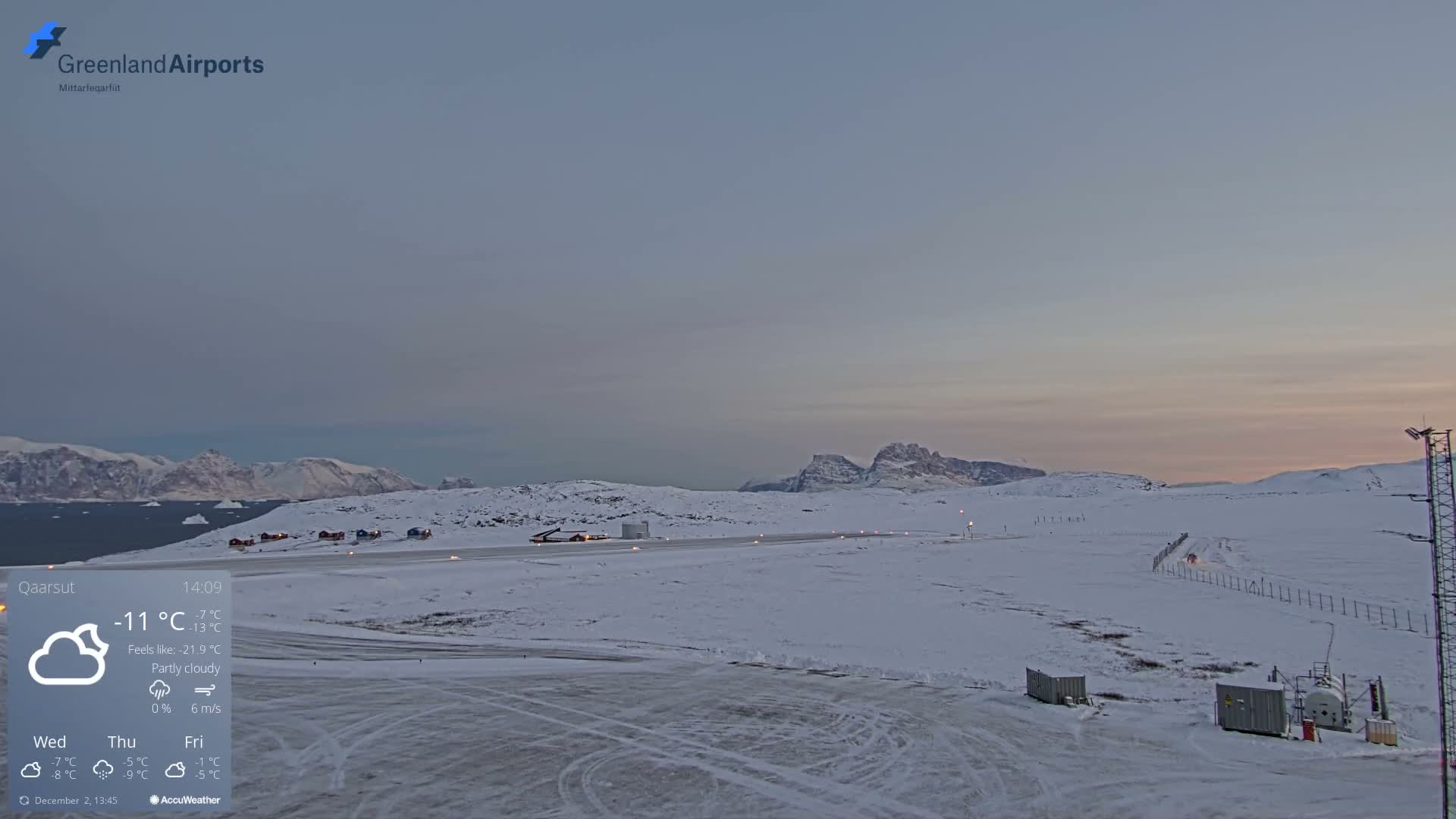 A snowy arctic landscape unfolds with a wide, snow-covered airport runway leading to distant mountains and an iceberg-dotted bay, all under a partly cloudy twilight sky hinting at cold weather.