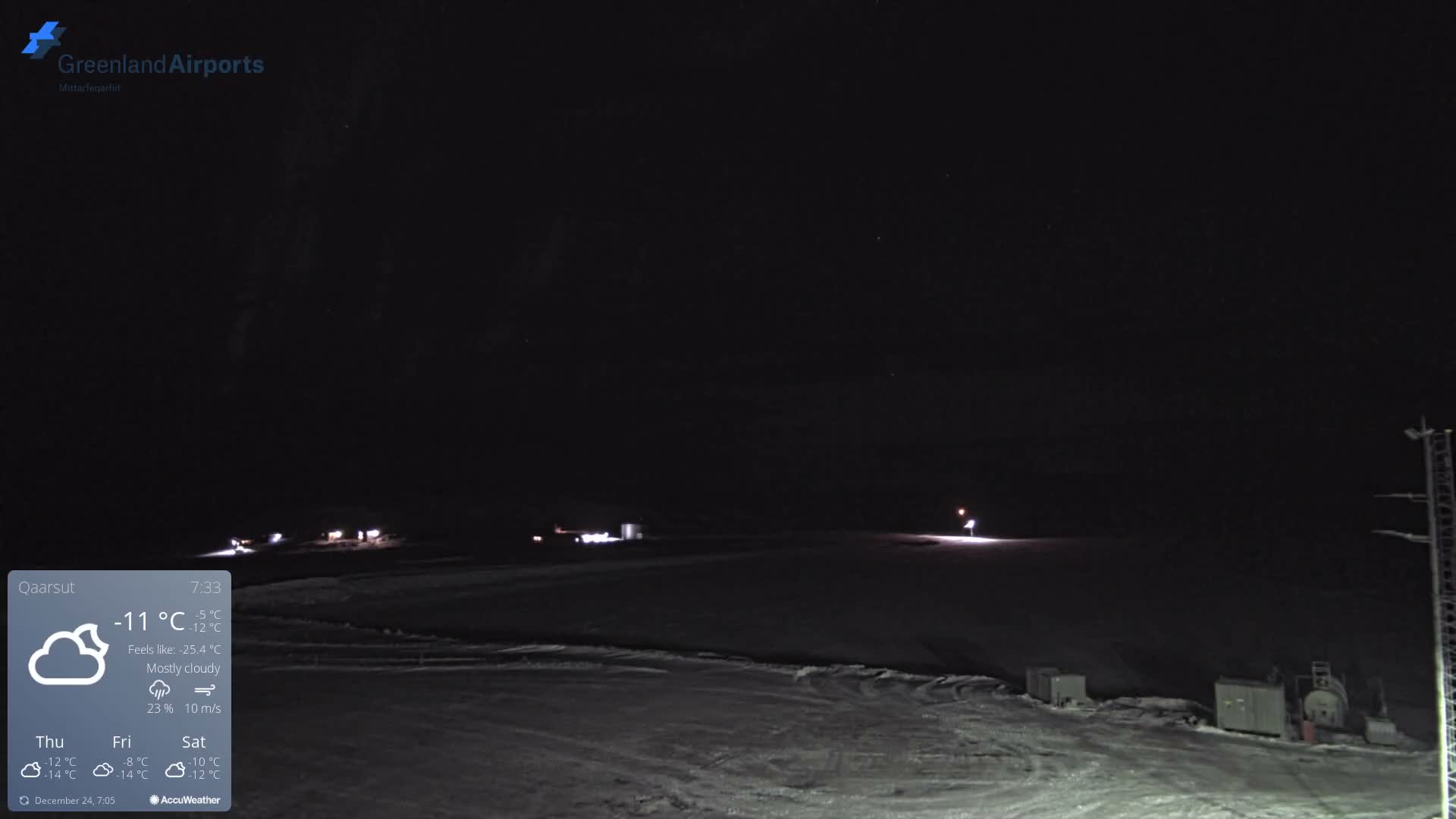 The image displays a snow-covered airport tarmac and runway with distant illuminated buildings and dark, snowy mountains under a dark, partly cloudy sky, indicating cold winter conditions.
