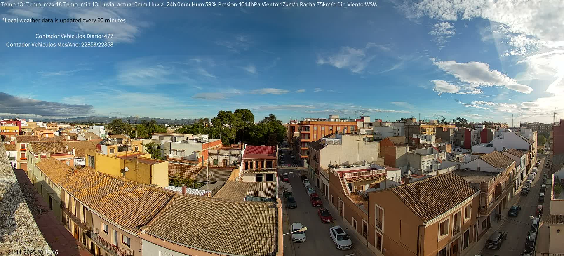 A panoramic elevated view reveals a densely packed townscape of terracotta-roofed buildings and winding streets, interspersed with green trees and distant hills, all under a bright blue sky with scattered white clouds.