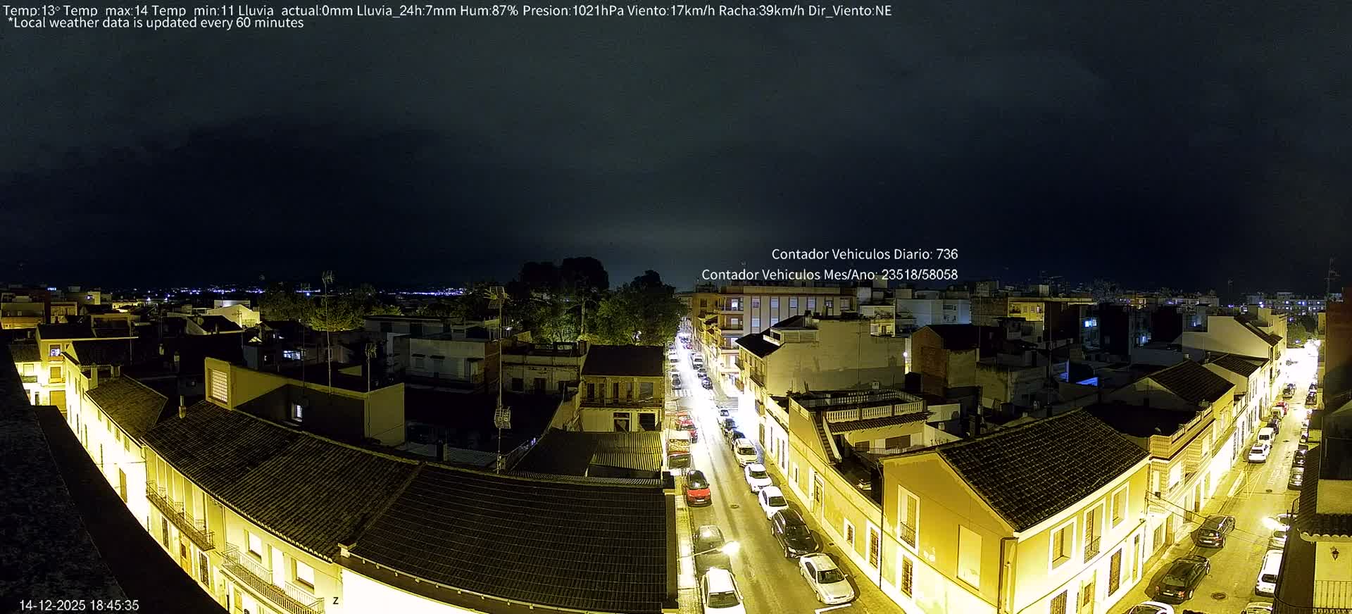 An elevated view captures a sprawling urban landscape featuring numerous buildings, tree-lined streets with parked cars, and distant mountains under a partly cloudy sky with warm, directional sunlight.