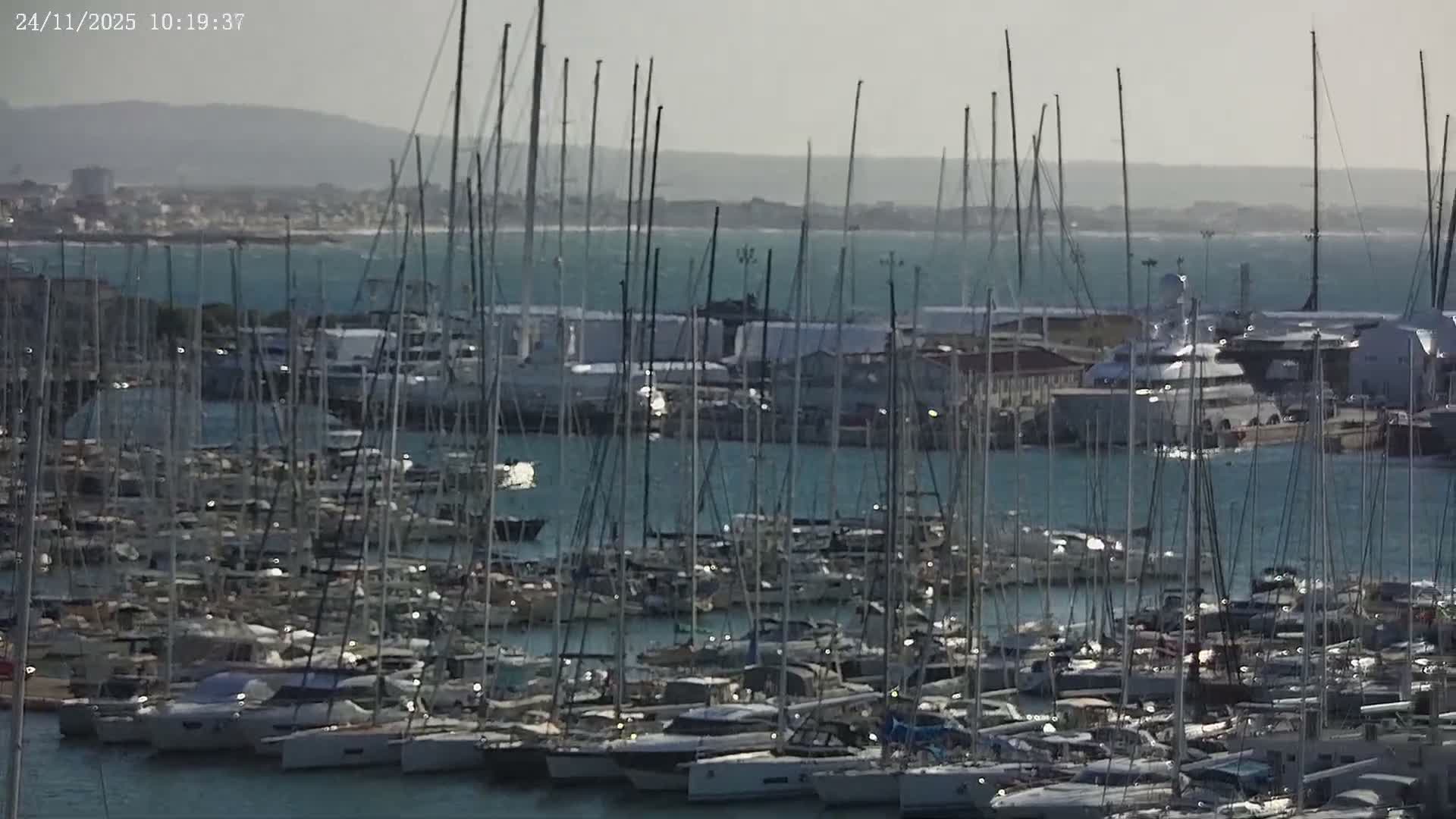 Numerous sailboats and yachts are densely packed in a calm, blue-green harbor under a hazy but bright sky, with a distant coastline and hills visible in the background.