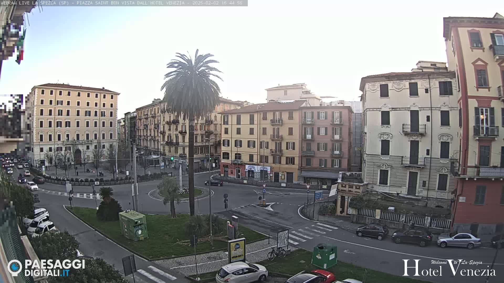 A mostly overcast day reveals a city square with several multi-story buildings, a roundabout, and sparse traffic, centered around a tall palm tree.