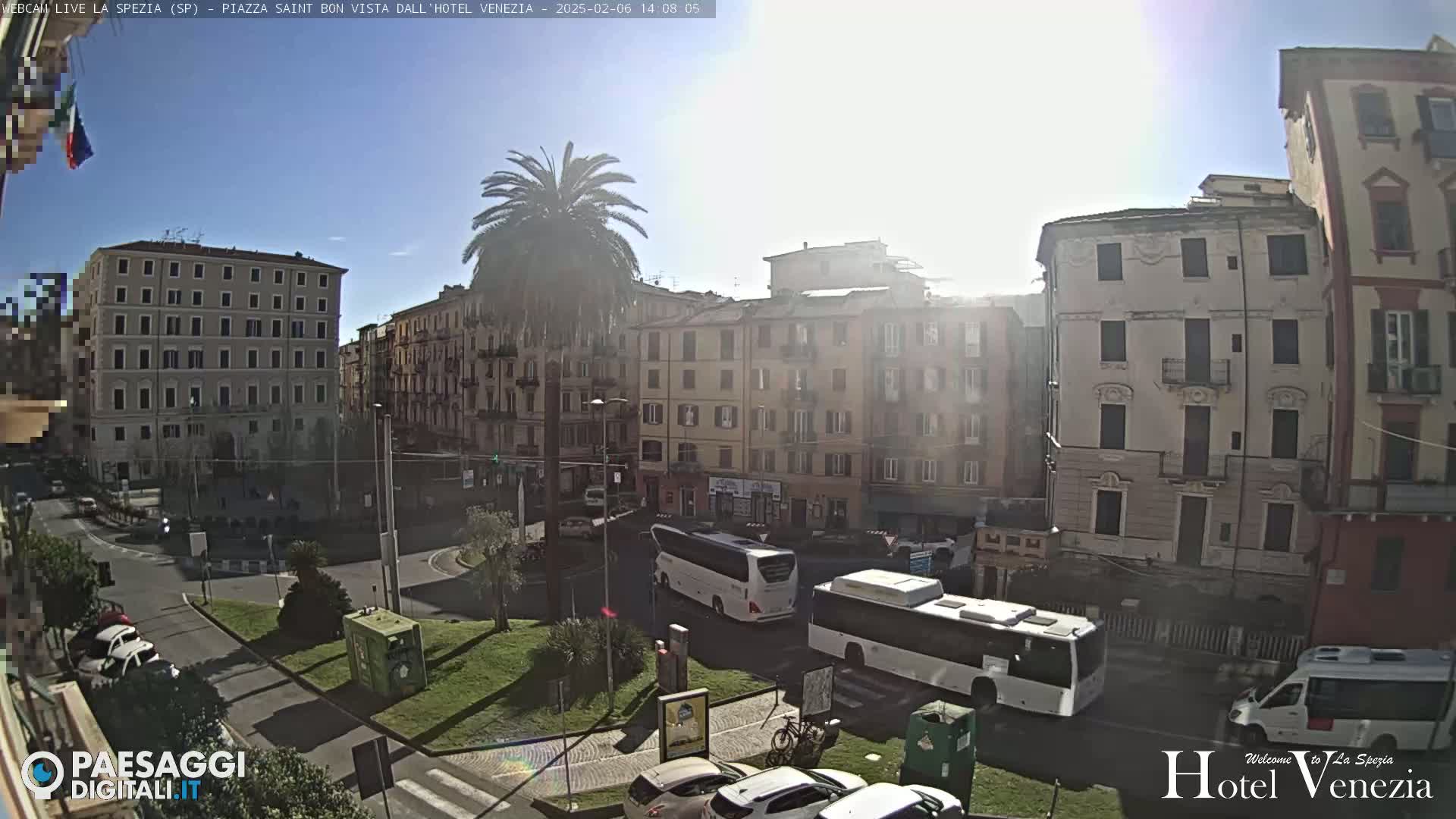 A sunny day in a European city square, showing several multi-story buildings, buses, cars, and a palm tree.
