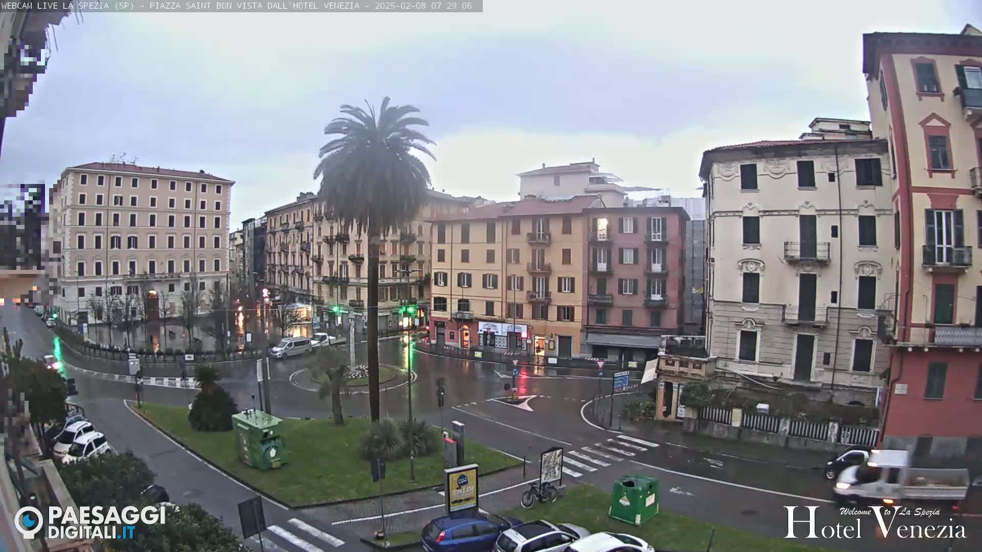 A rain-slicked city square is surrounded by multi-story buildings, with a lone palm tree in the center and several cars parked nearby.