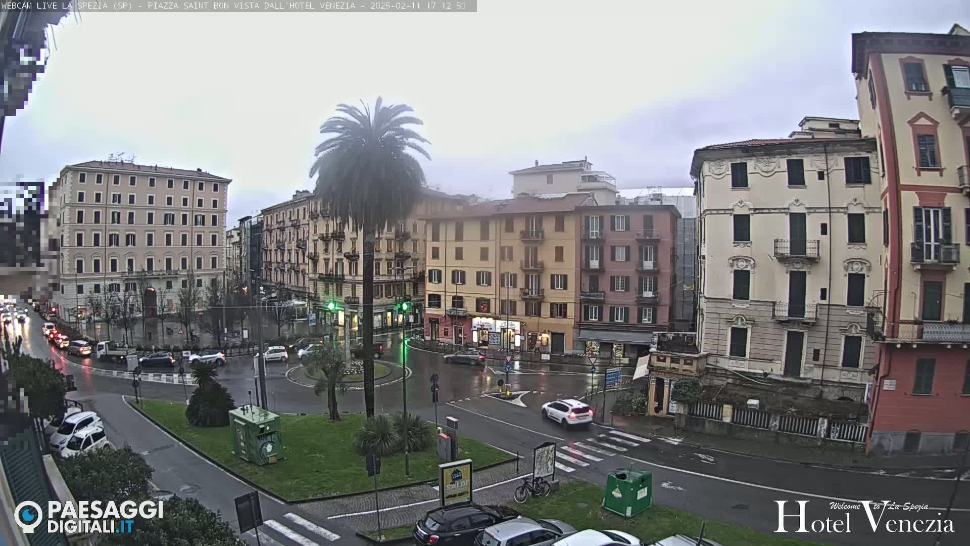 A rain-slicked city square is surrounded by multi-story buildings, with a lone palm tree and several cars visible.