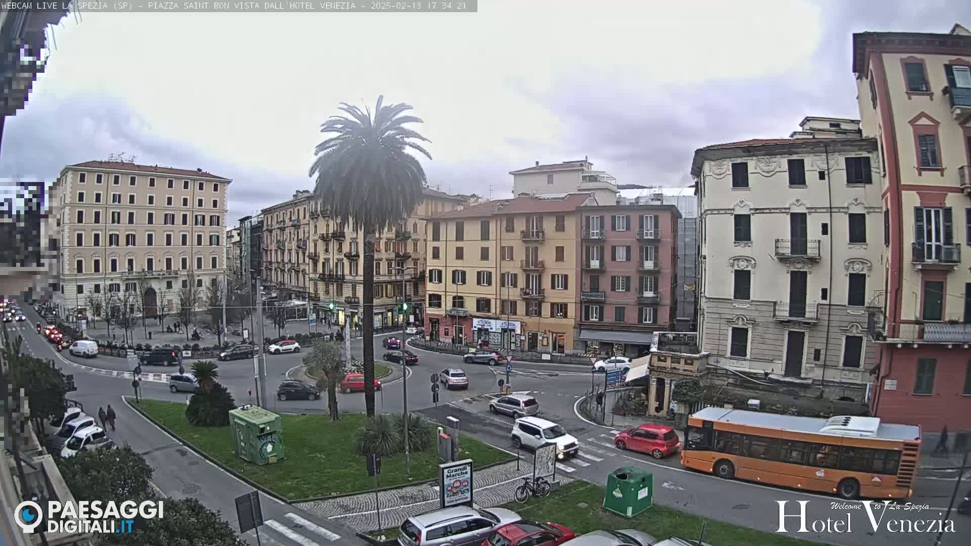 A city square with several multi-story buildings and a palm tree in the center, surrounded by cars and a bus under an overcast sky.