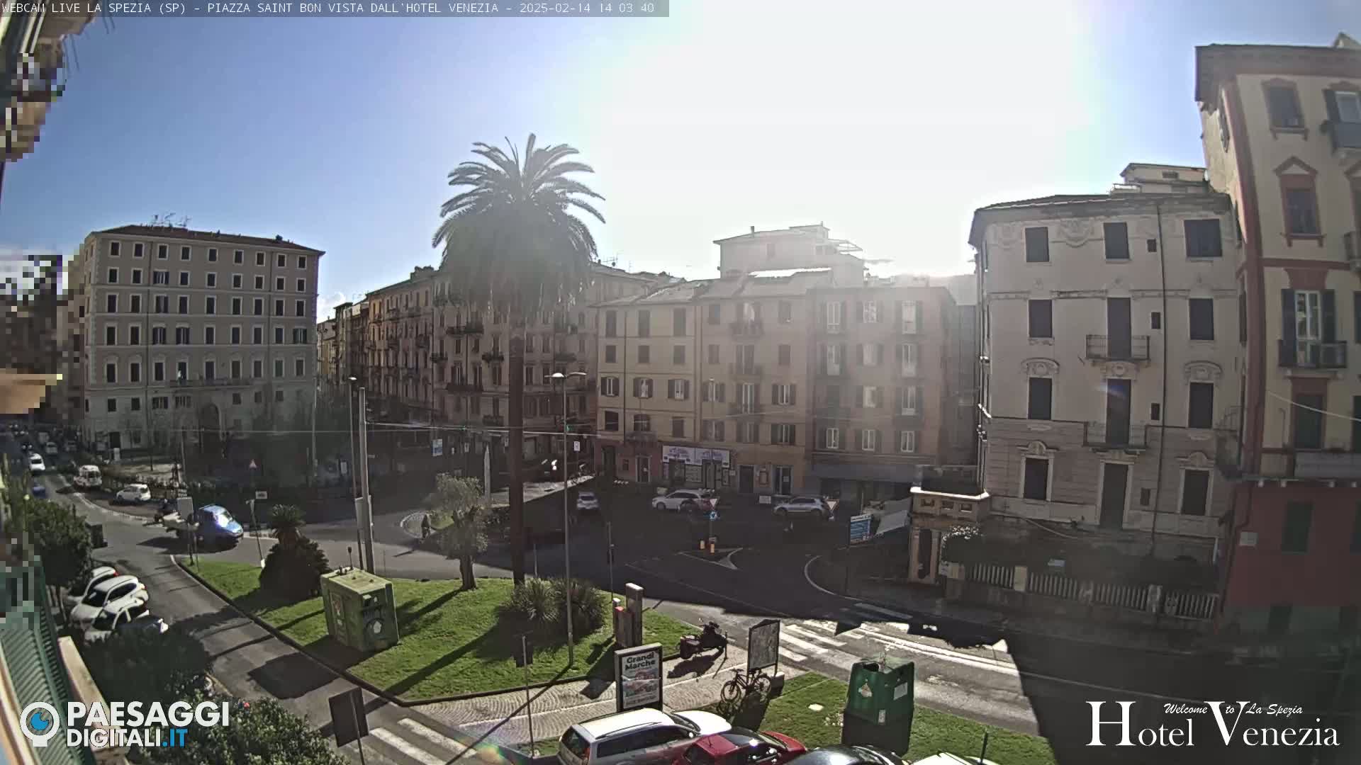 A sunny cityscape view shows a square with several multi-story buildings, cars, and a palm tree, surrounded by roads.