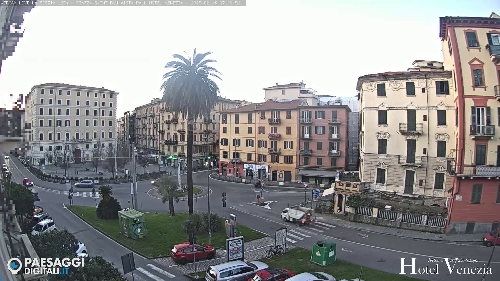 A mostly clear day shows a traffic circle surrounded by multi-story buildings in a city, with a tall palm tree in the center of the circle and several cars parked and driving around it.