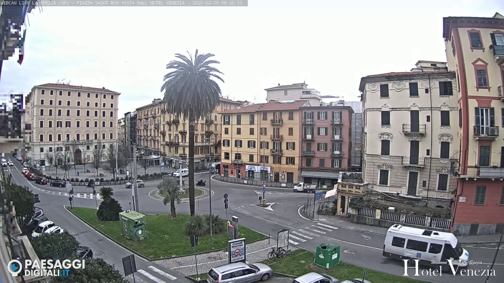 A mostly cloudy day reveals a city square with multi-story buildings surrounding a circular traffic intersection, a lone palm tree standing in the center of the square, and several cars parked and driving.