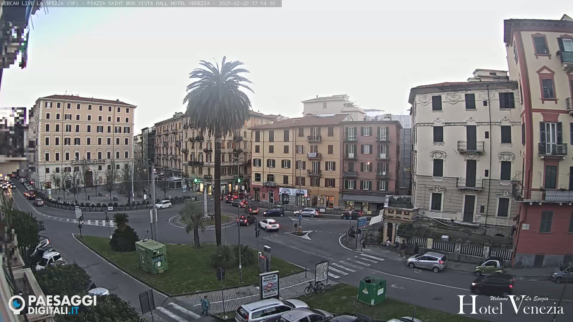 A city square with several multi-story buildings, a palm tree in the center, and cars driving around a roundabout under an overcast sky.