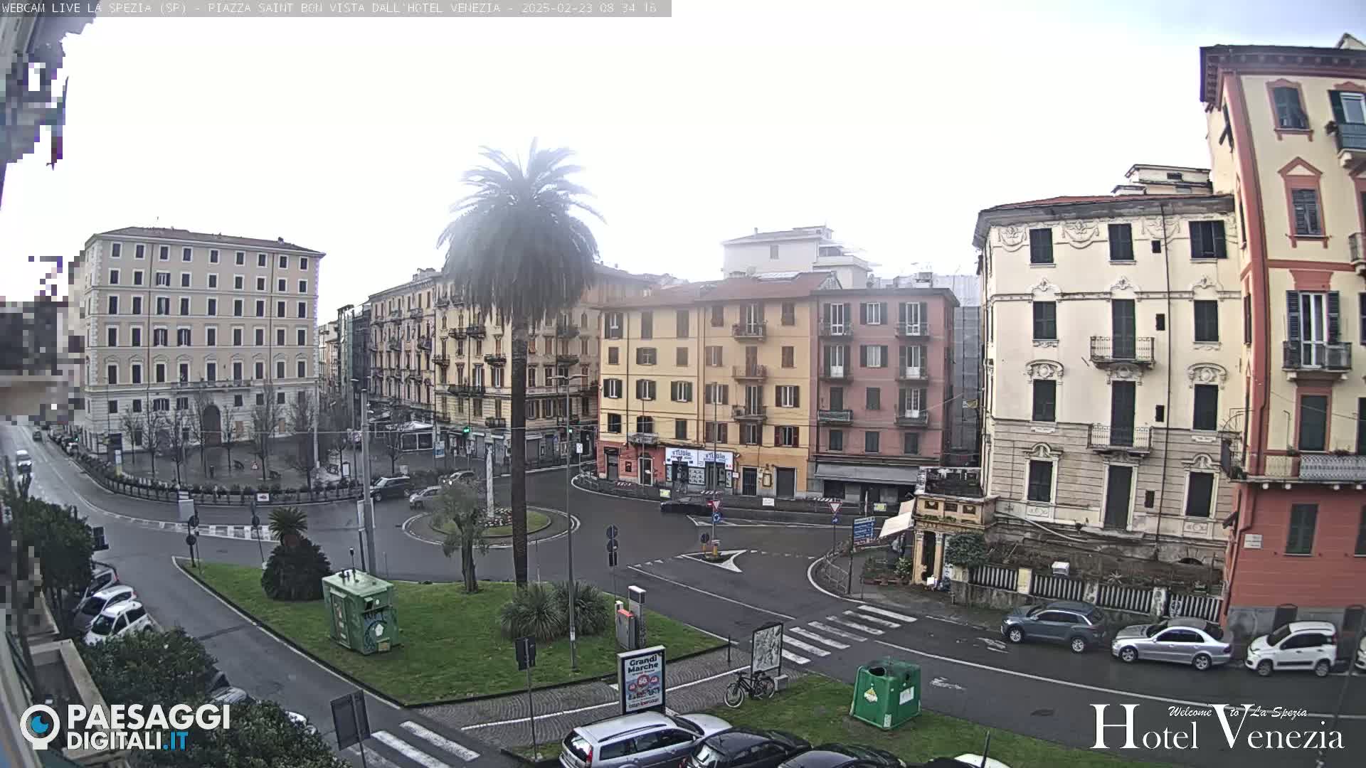 A city square with several multi-story buildings surrounding a roundabout, on a cloudy day with a tall palm tree in the center of the roundabout.