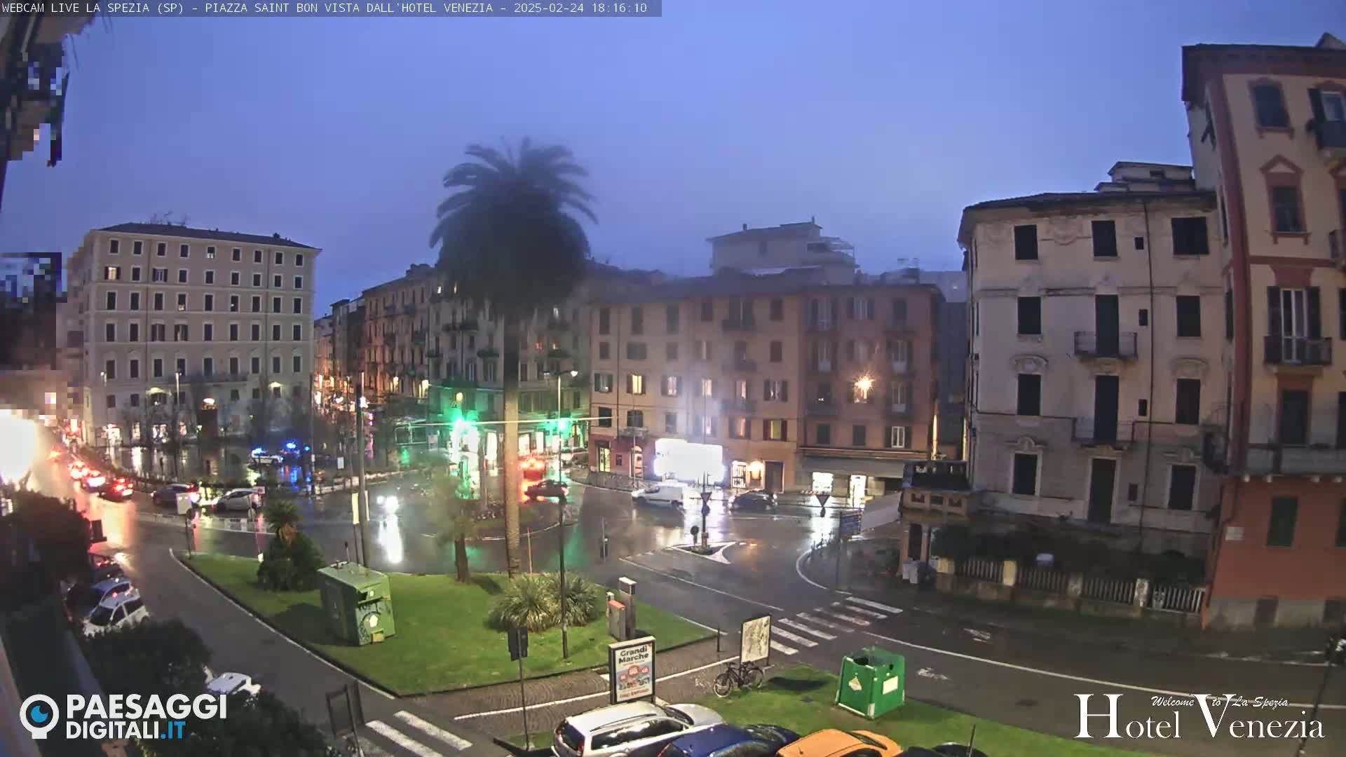 A rain-slicked town square at twilight, surrounded by multi-story buildings, with a lone palm tree in the center and cars navigating the wet streets.