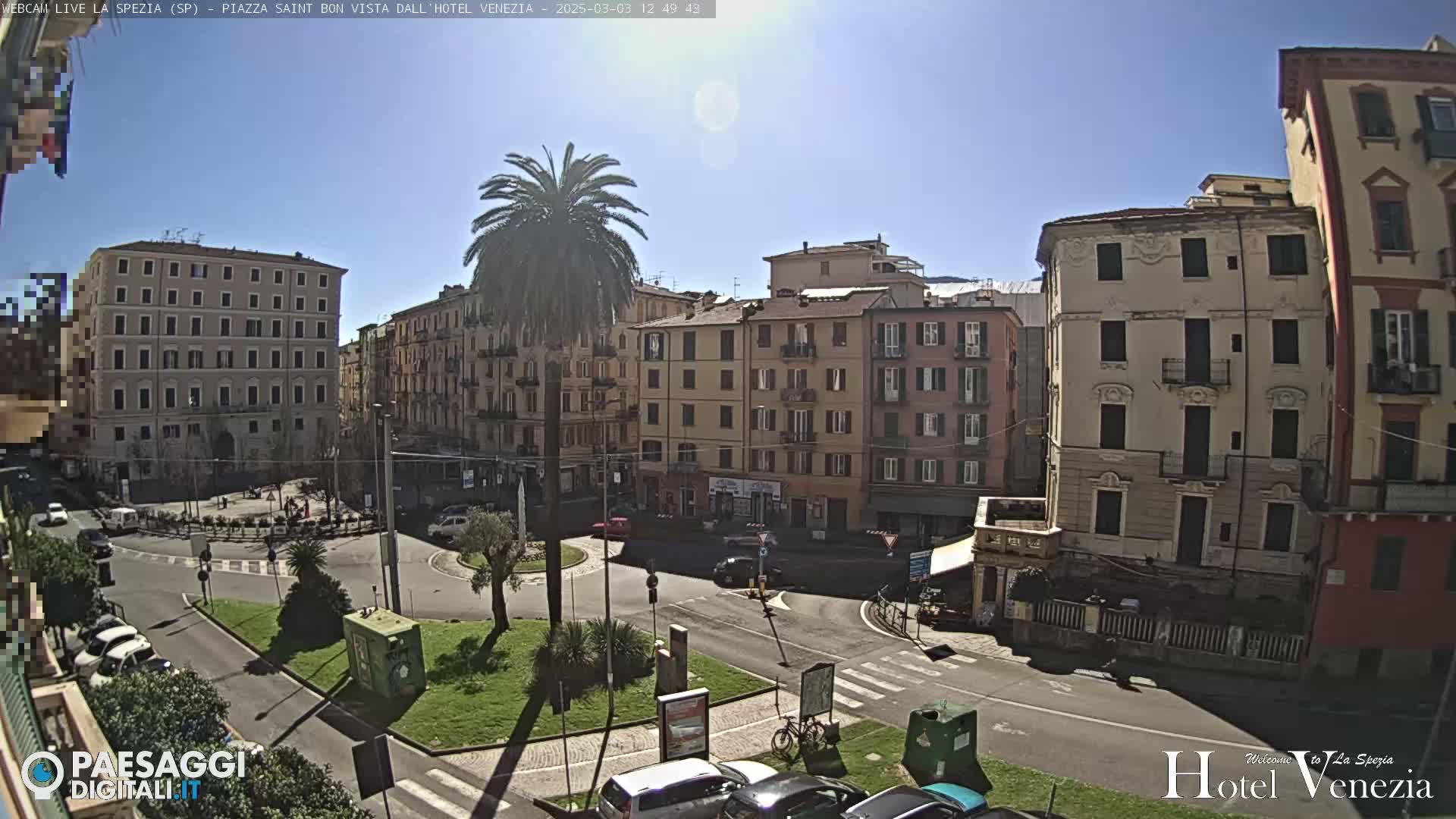 A sunny day overlooking a town square with several multi-story buildings, a roundabout, palm trees, and parked cars.