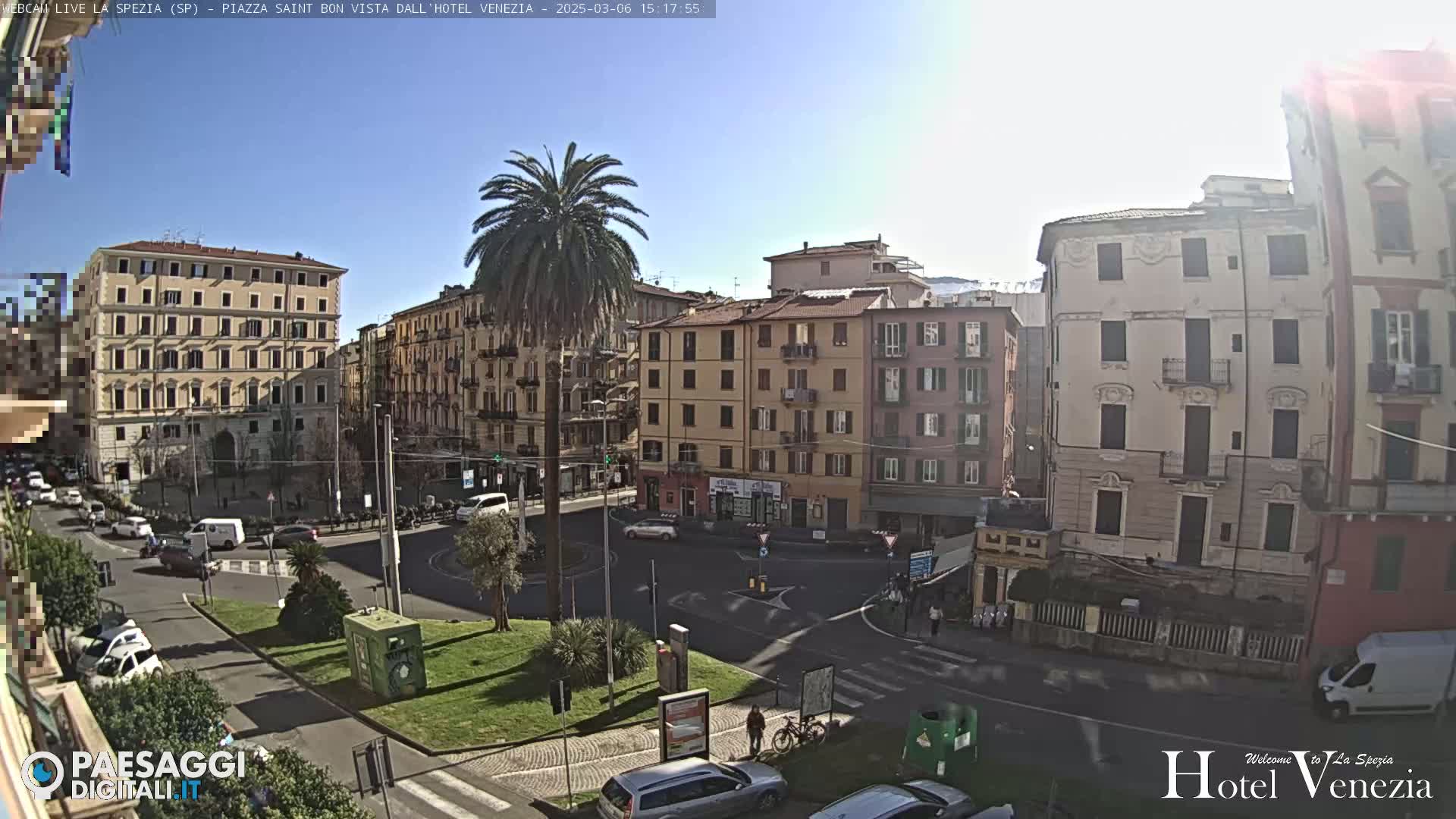 A sunny day reveals a city square surrounded by multi-story buildings, with cars parked along the streets and a palm tree in the center of the square.