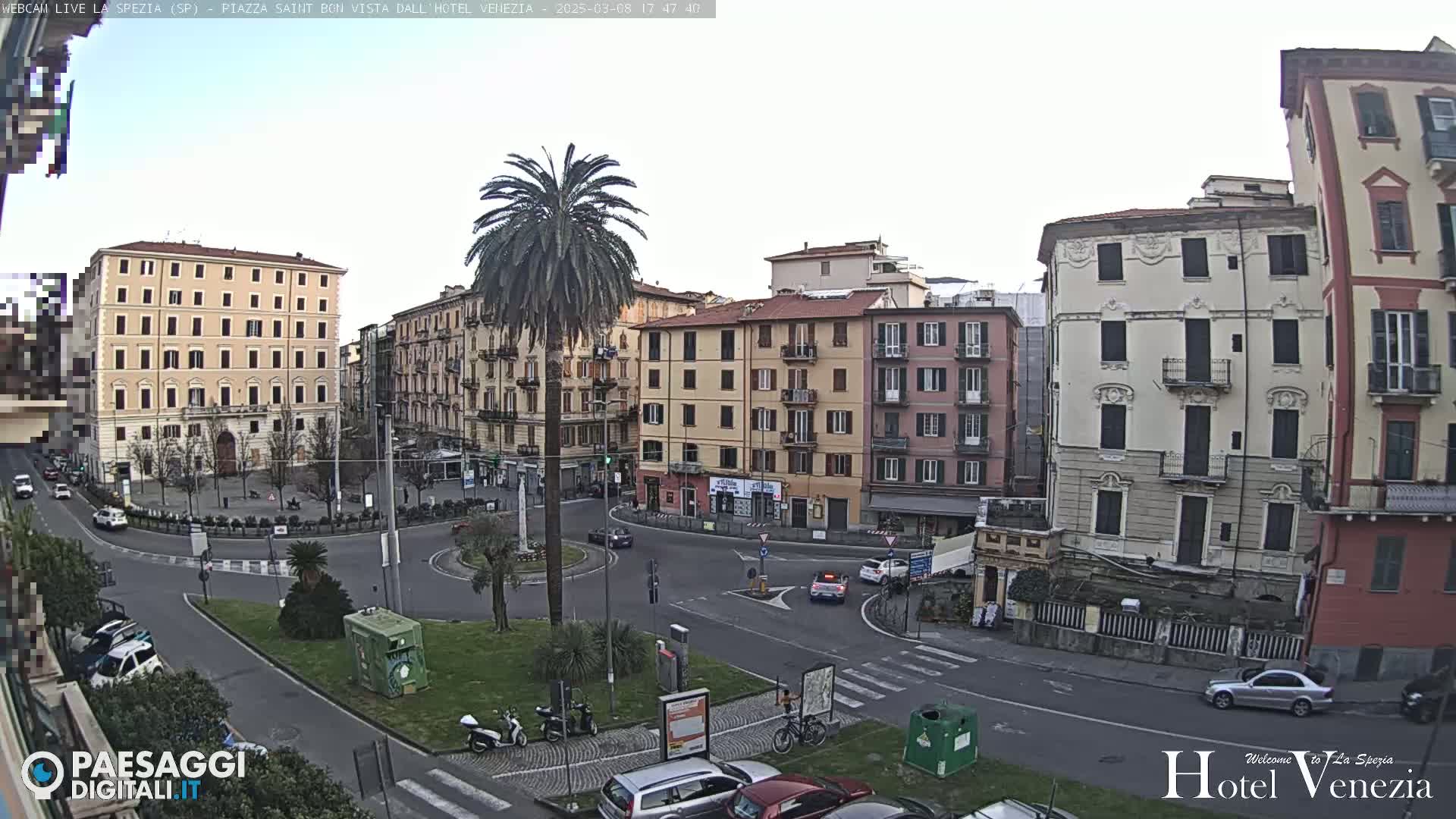 A mostly overcast day reveals a city square with several multi-story buildings, a palm tree in the center, and cars parked and driving around the roundabout.