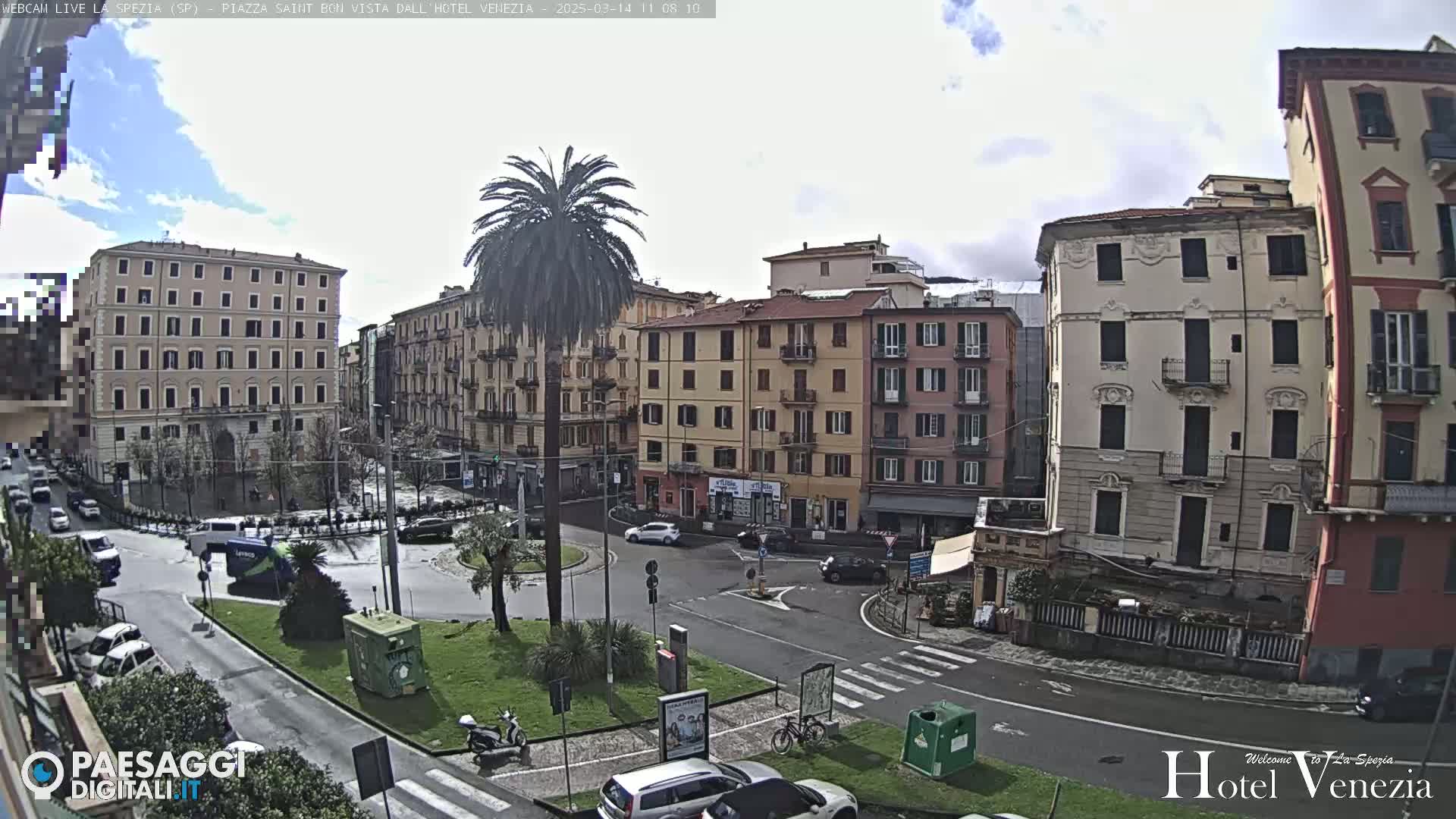 A mostly cloudy day reveals a city square with several multi-story buildings surrounding a circular traffic island featuring a palm tree; cars are parked and driving around the square.