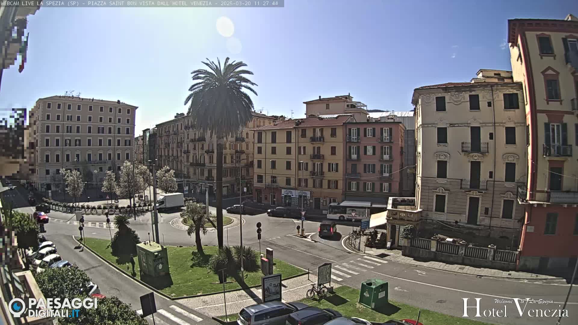 A sunny city square is shown, with several multi-story buildings surrounding a circular traffic area, a central garden with a palm tree, and a few cars and a bicycle parked nearby.