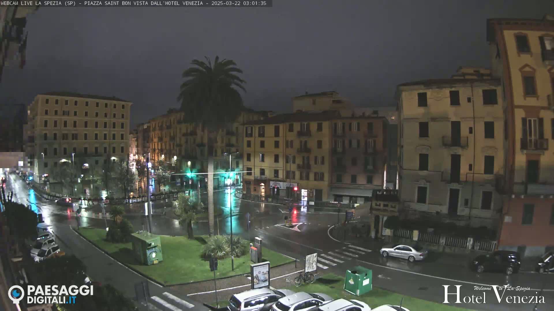A rain-slicked, nighttime city square surrounded by multi-story buildings, with a few cars and a lone palm tree visible.