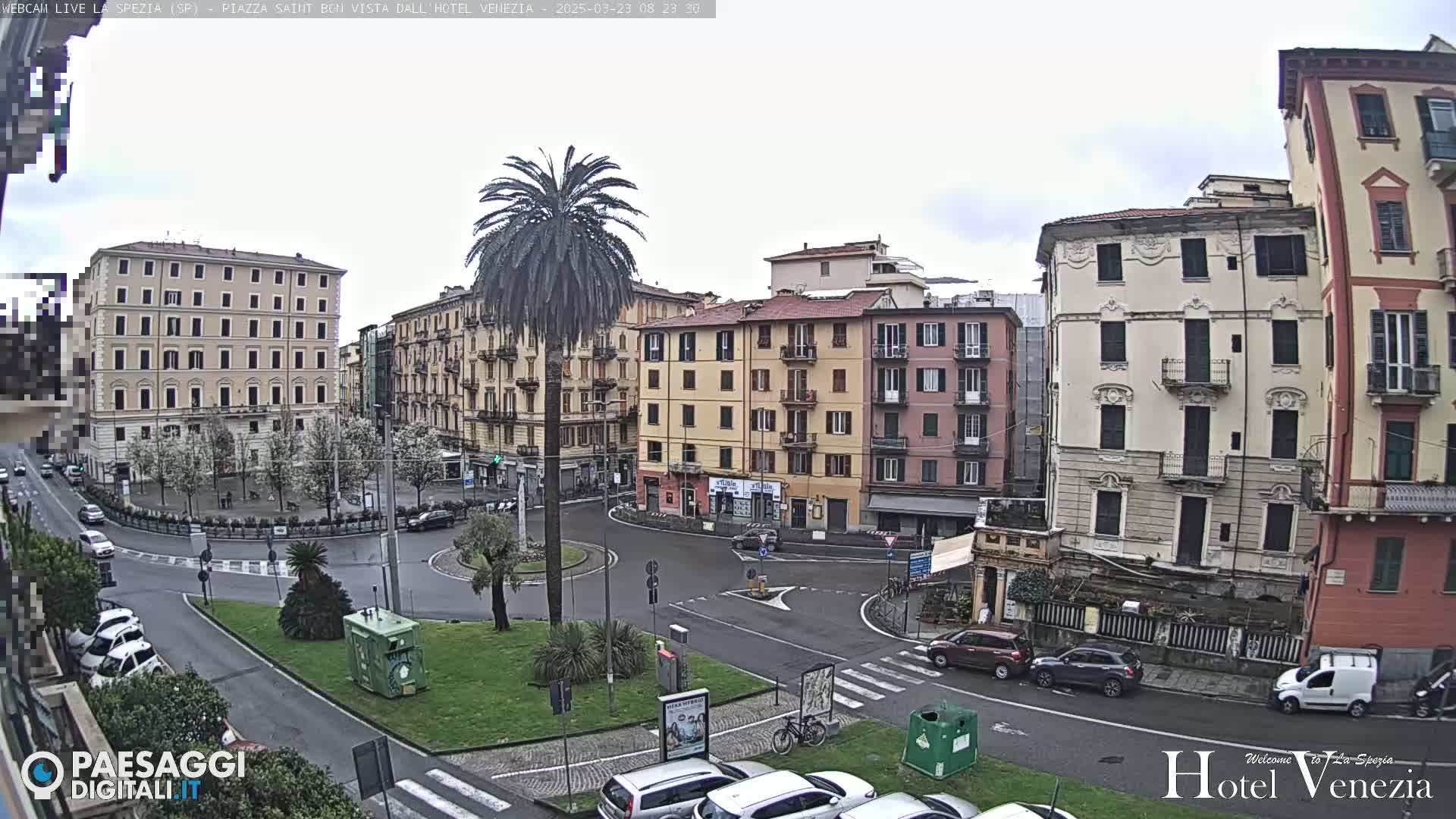 A mostly cloudy day reveals a European-style plaza with multi-story buildings, a central traffic circle, and a lone palm tree in the center, surrounded by parked cars and some greenery.