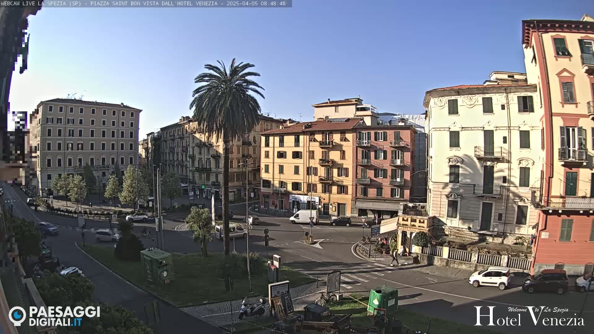 A sunny day in a European city square, showing several multi-story buildings, vehicles, and pedestrians, with a palm tree in the center.
