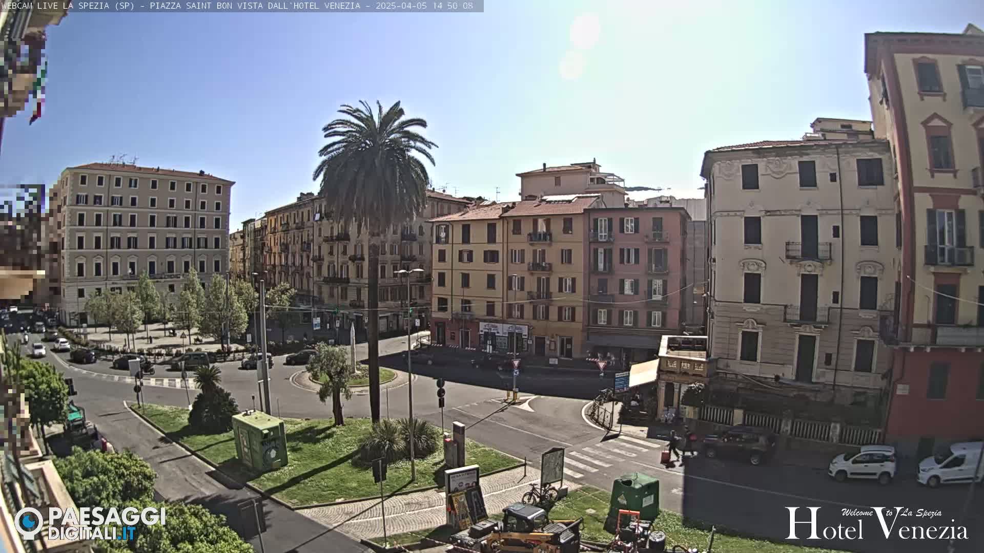 A sunny day shows a European-style town square with several multi-story buildings surrounding a traffic circle, a tall palm tree at its center, and sparse vehicle traffic.