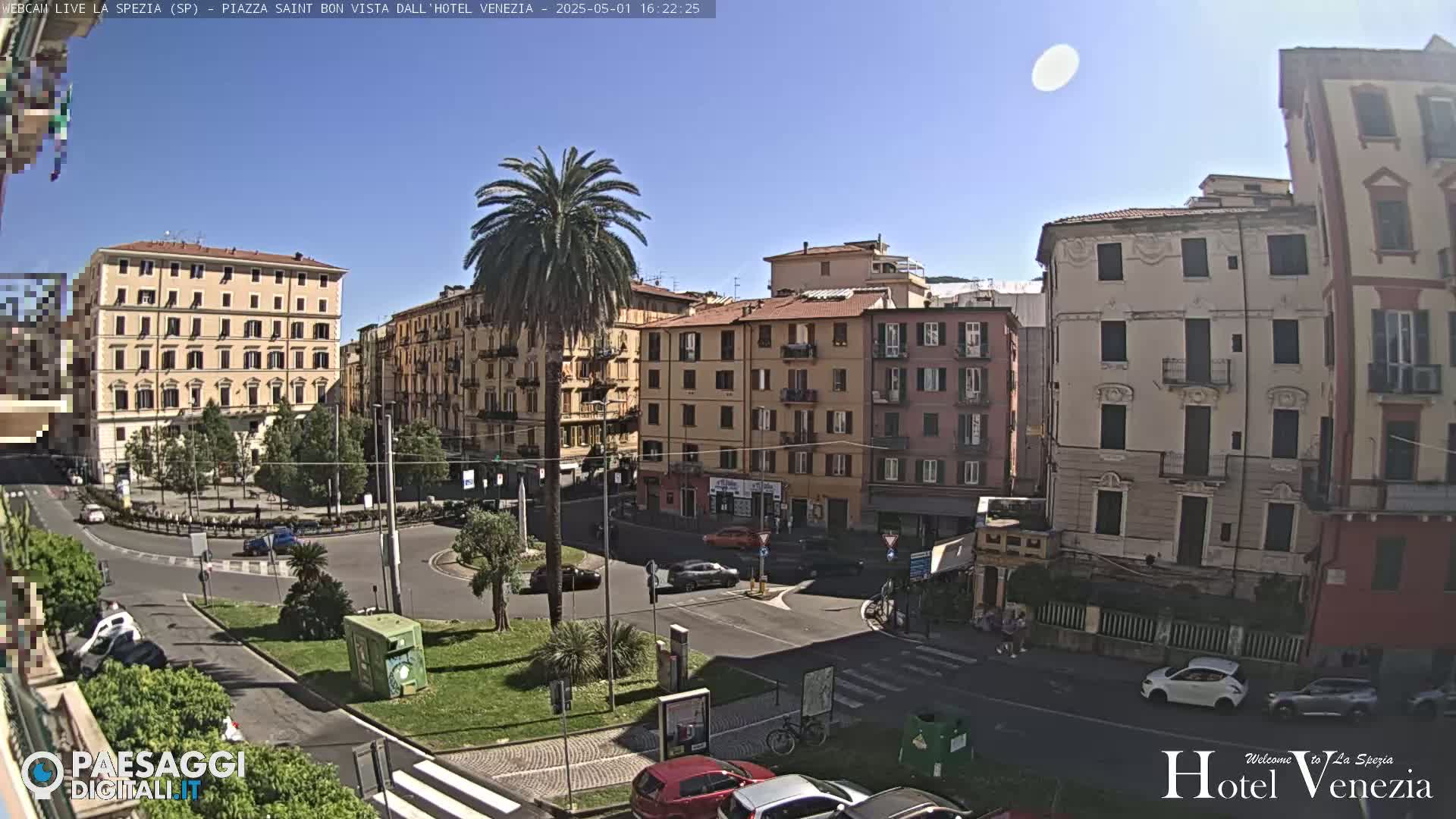 A sunny day in a city square with several multi-story buildings surrounding a circular roadway, where several vehicles are parked and driving, with a palm tree in the center.