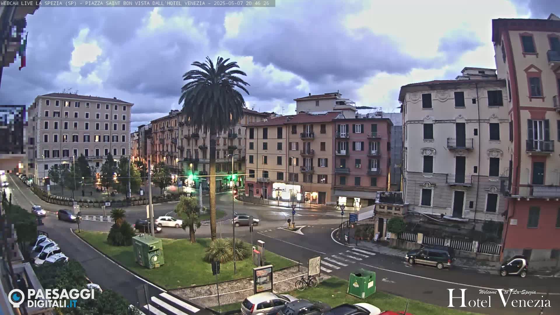A city square in overcast conditions, surrounded by multi-story buildings, with cars and a lone palm tree visible.