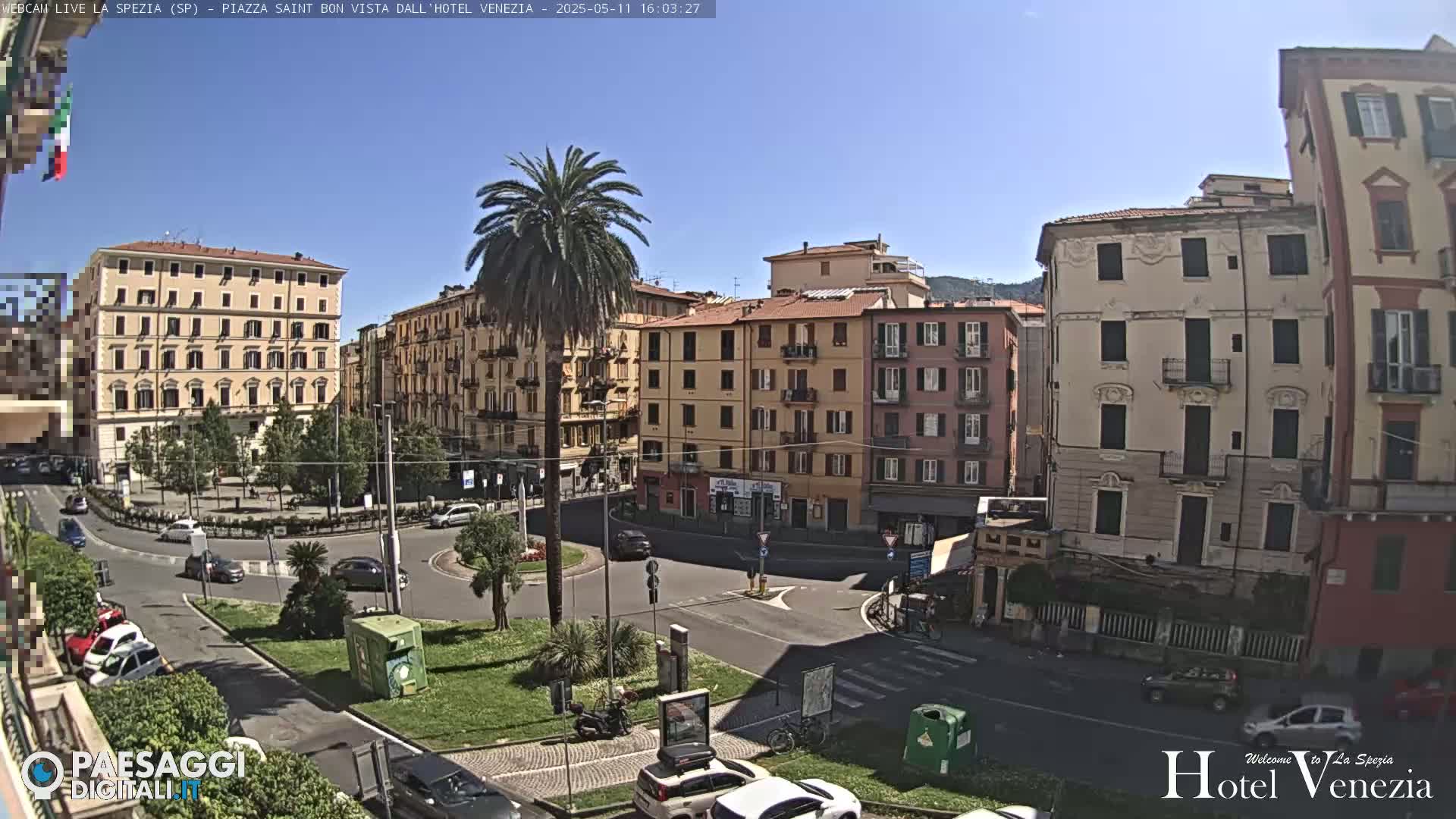 A sunny day in a European city square, showing several multi-story buildings surrounding a roundabout with cars and a palm tree in the center.