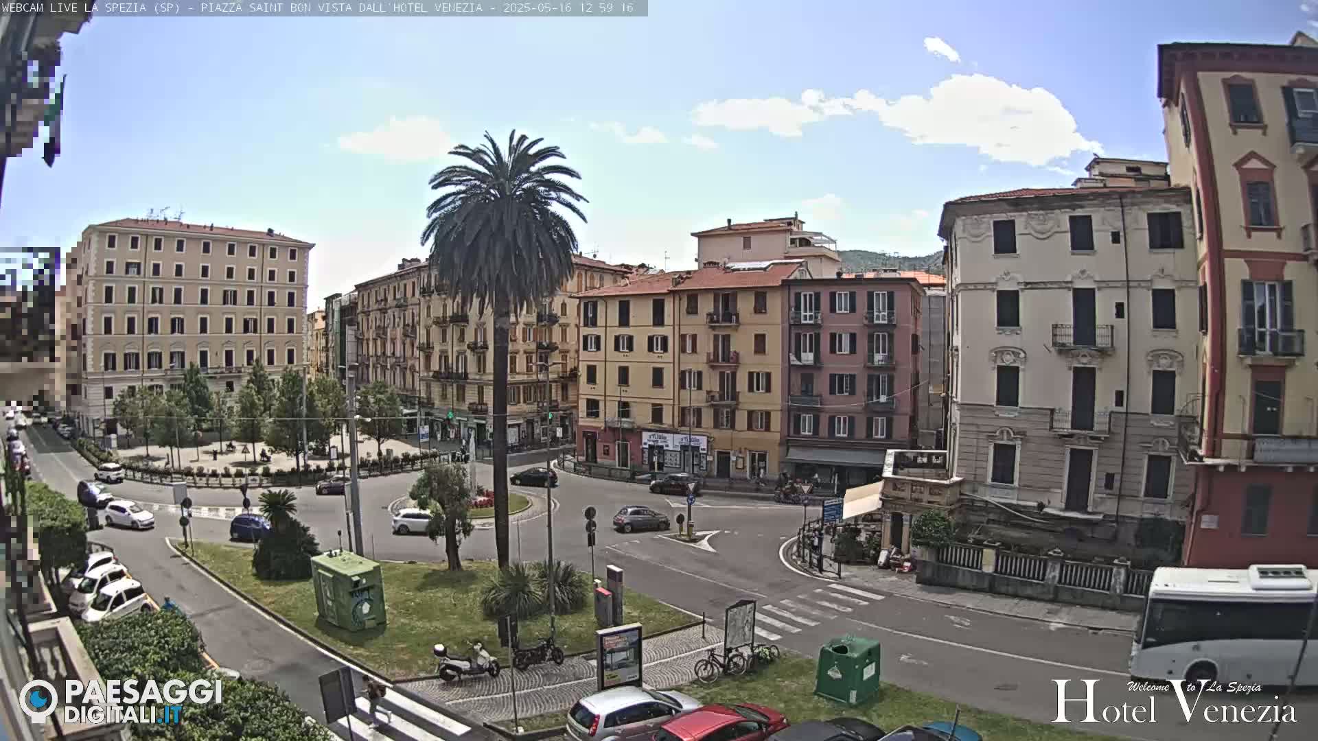 A sunny day reveals a European-style town square with several multi-story buildings, cars, and a tall palm tree in the center.