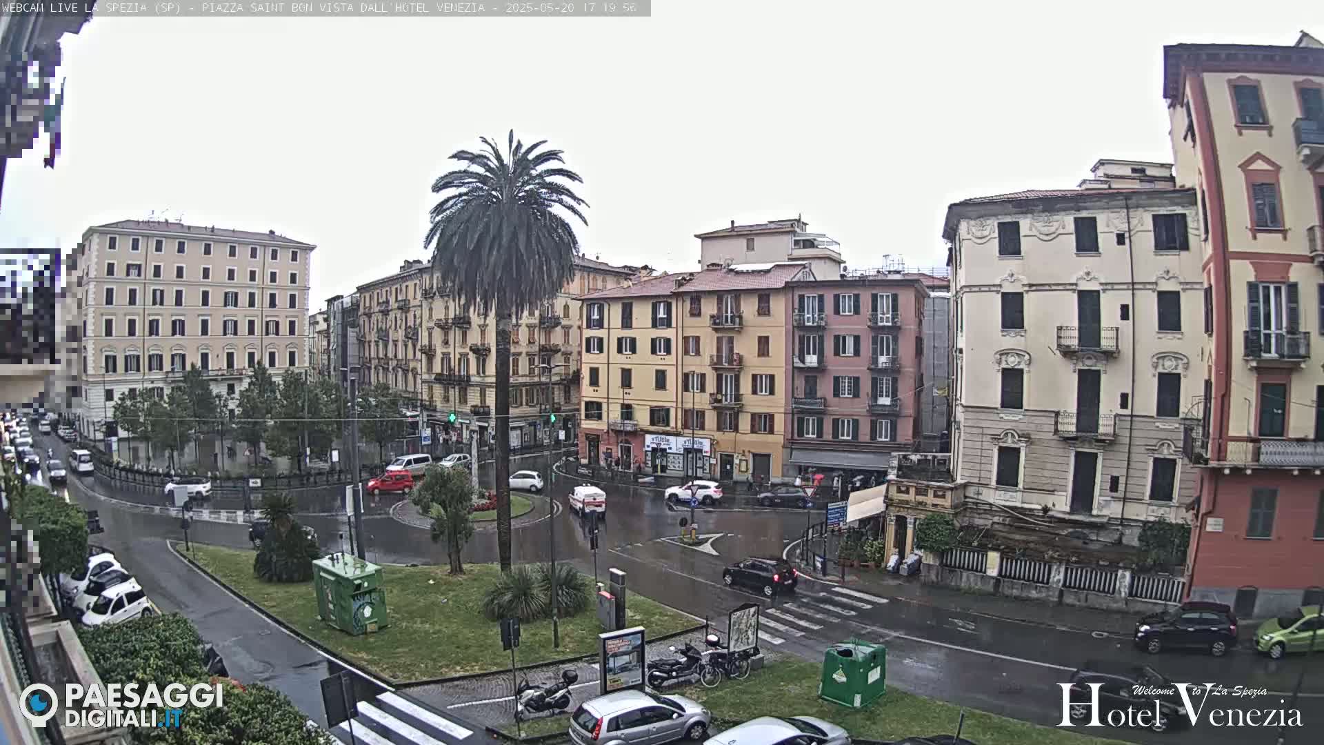 A rain-soaked city square is shown, featuring several multi-story buildings, a lone palm tree, and vehicles navigating a roundabout.