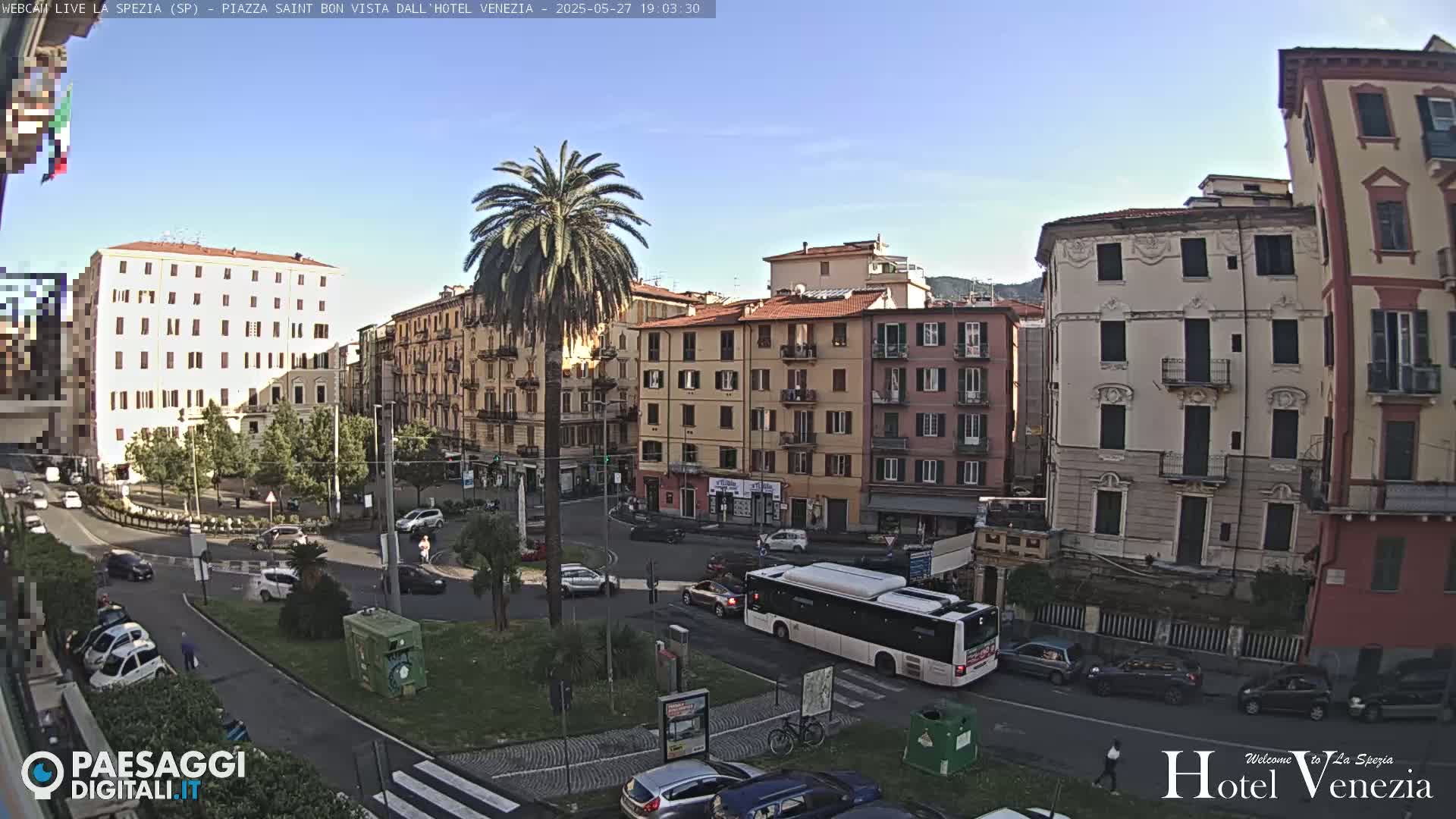 A sunny city square in Italy, featuring several multi-story buildings and a palm tree, with cars and a bus driving around the traffic circle.