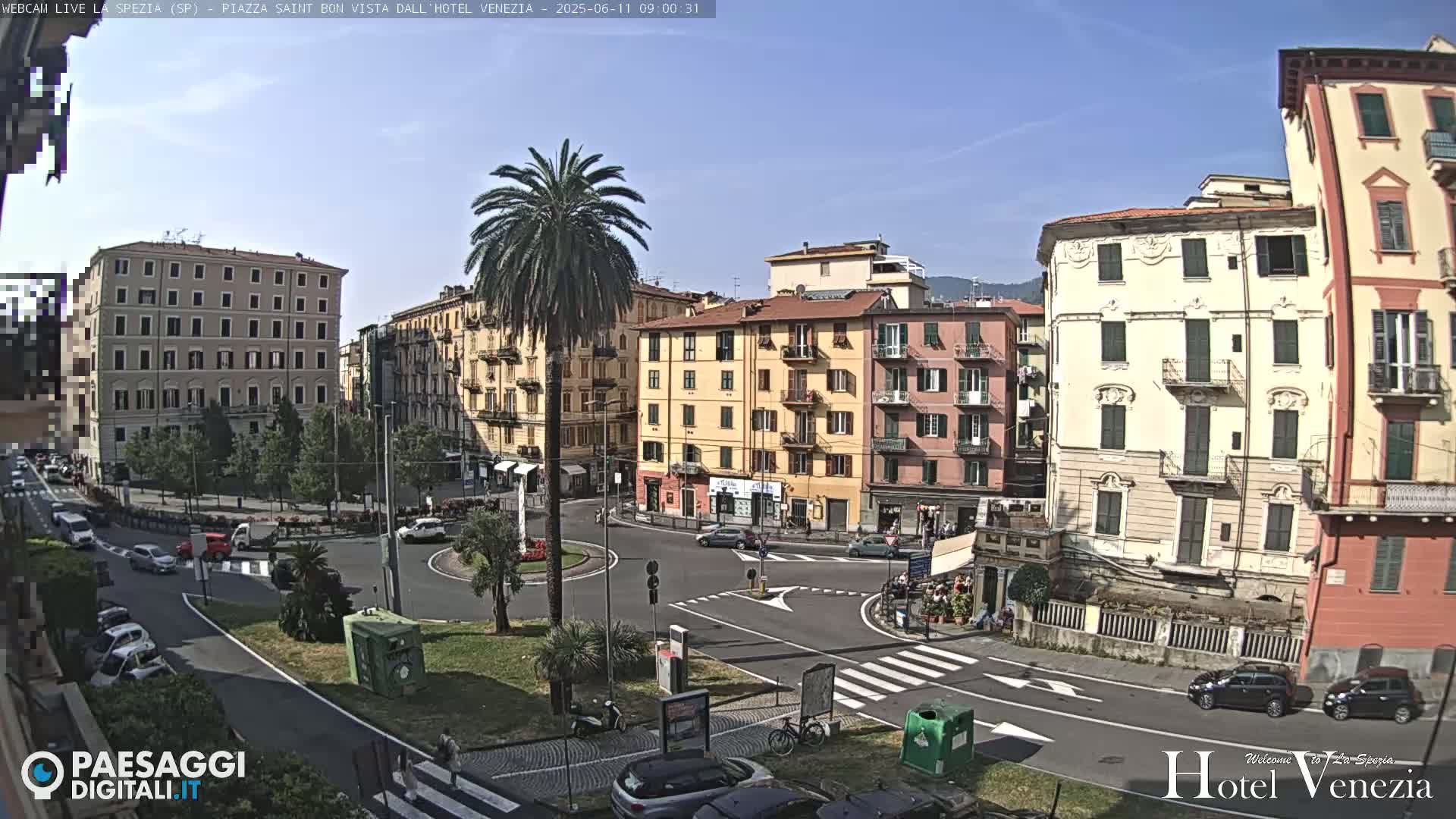 A sunny city square with several multi-story buildings, palm trees, and cars driving around a roundabout.