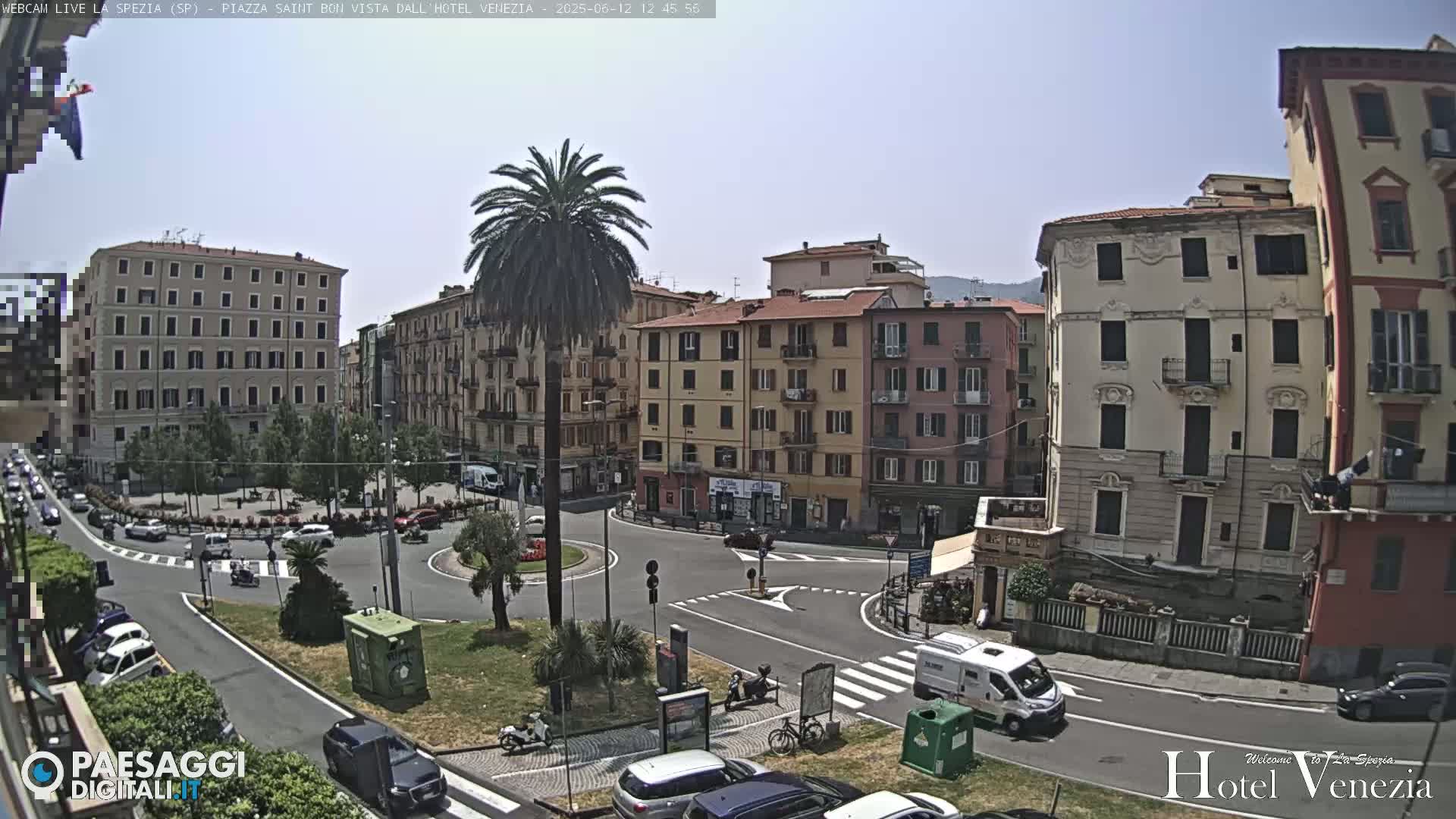 A sunny day in a European city square, featuring several multi-story buildings and a palm tree in the center of a roundabout.