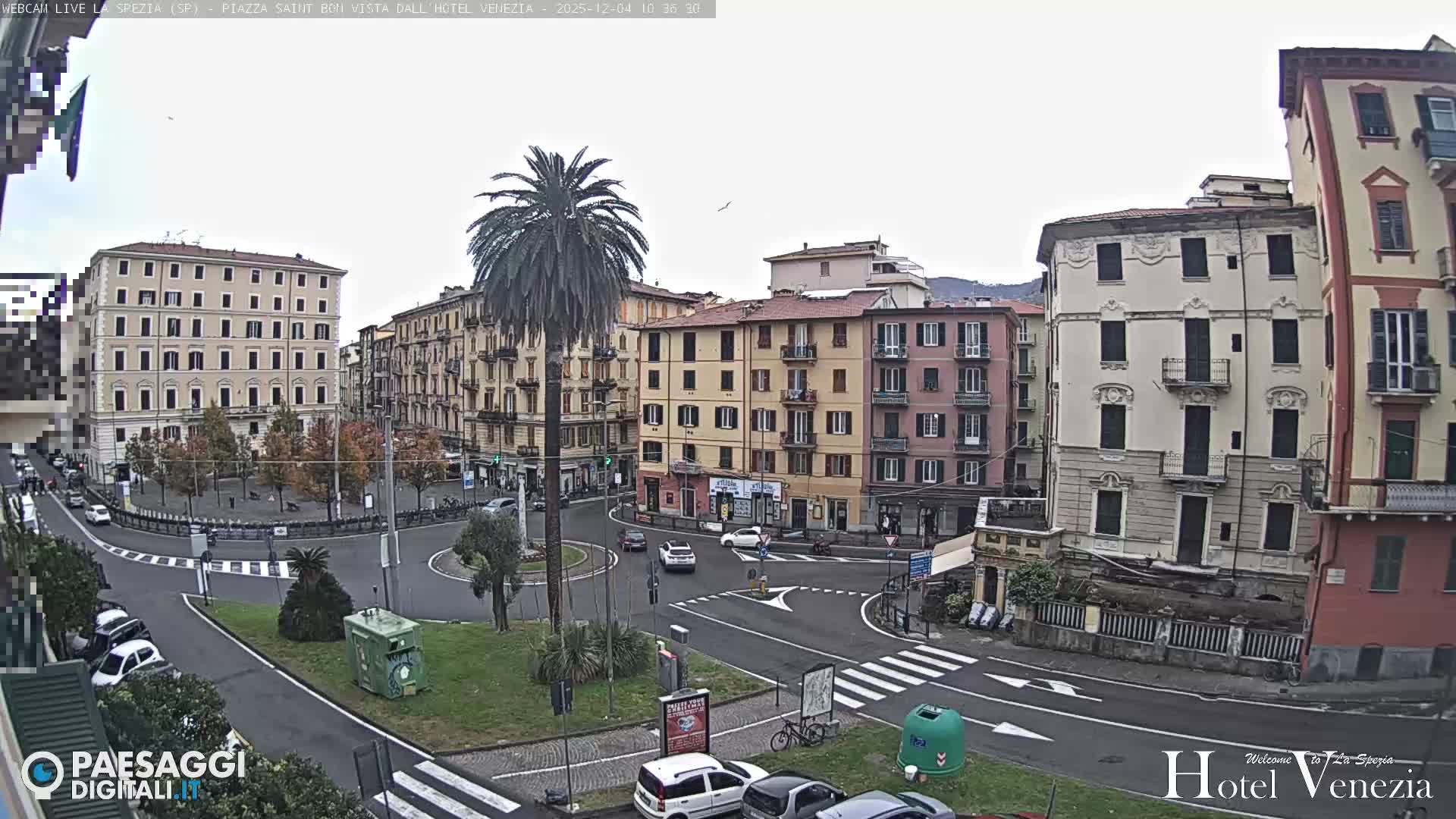 An overcast daytime view reveals a European city intersection featuring a prominent palm tree within a central green space, surrounded by colorful multi-story buildings and light vehicular traffic.