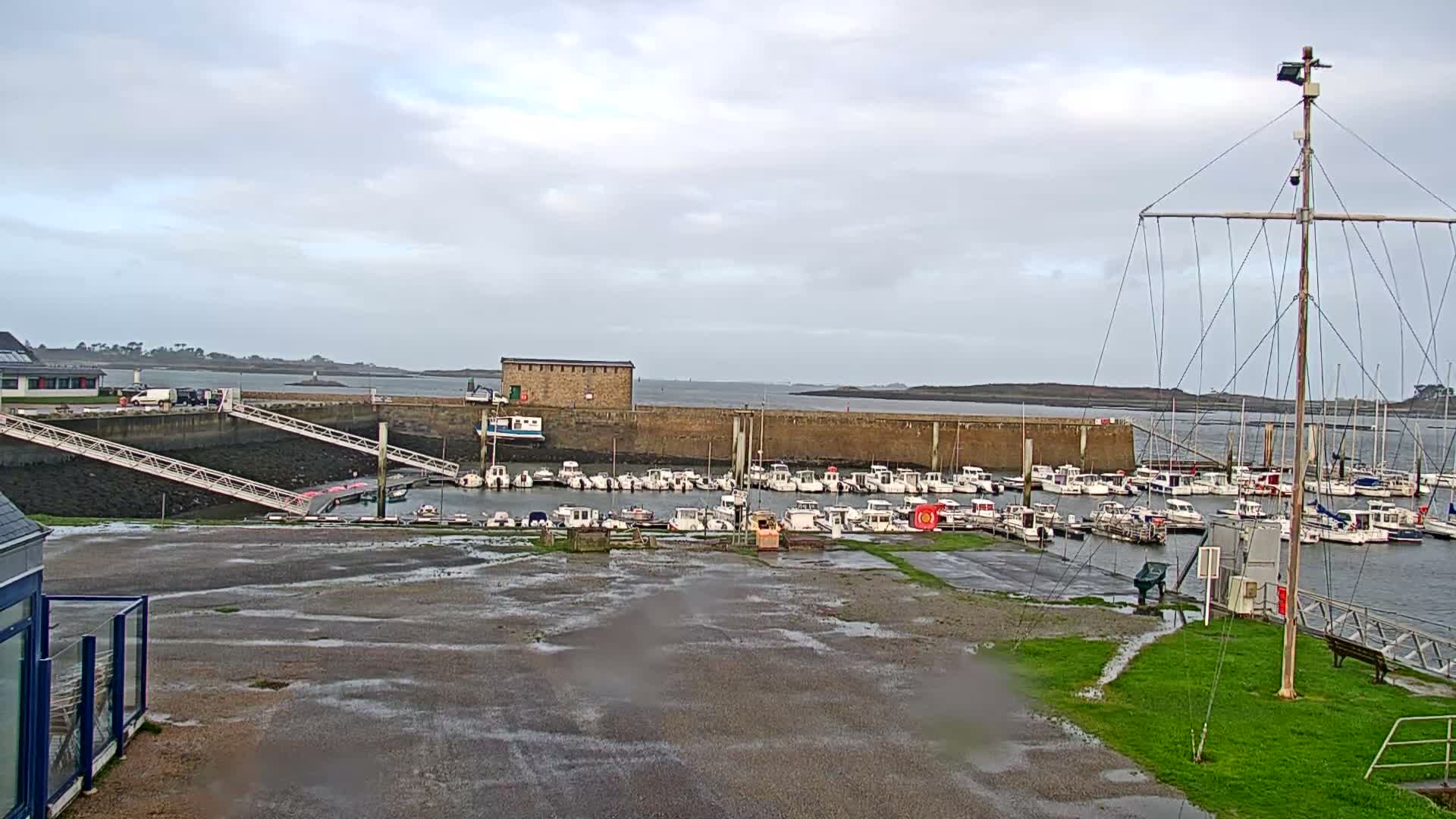 A marina crowded with numerous small boats is seen under a grey, overcast sky, with damp ground and a prominent bare mast structure in the foreground.