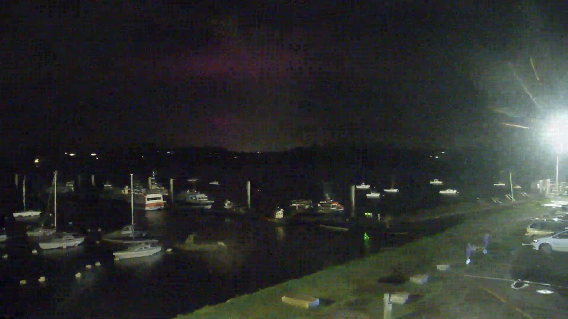 A marina crowded with numerous small boats is seen under a grey, overcast sky, with damp ground and a prominent bare mast structure in the foreground.