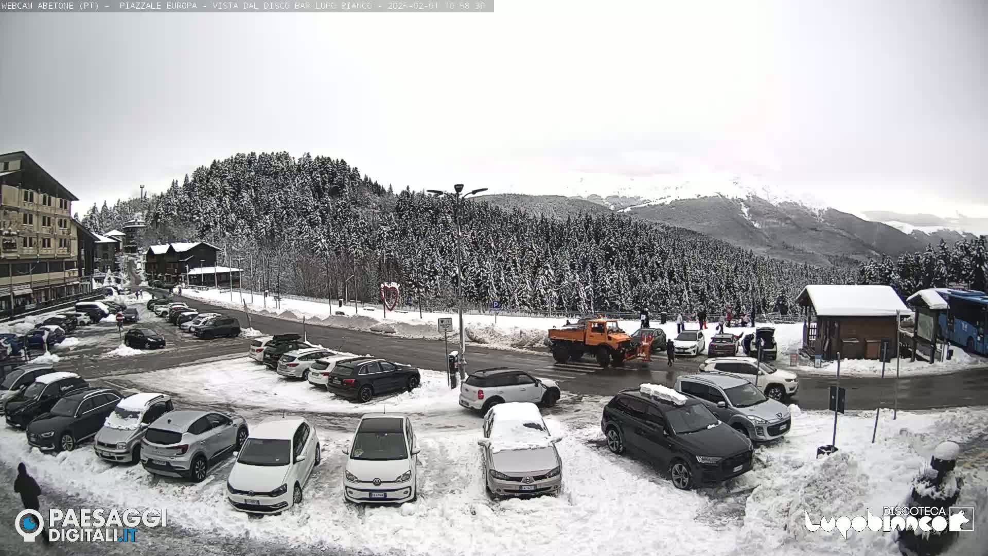 A snow-covered parking lot with cars and a small building is situated in front of a snow-dusted forest and distant mountains under an overcast sky.