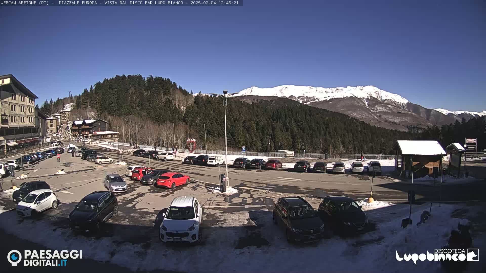 A sunny day shows a parking lot full of cars near a building and forest, with snow-capped mountains in the background.