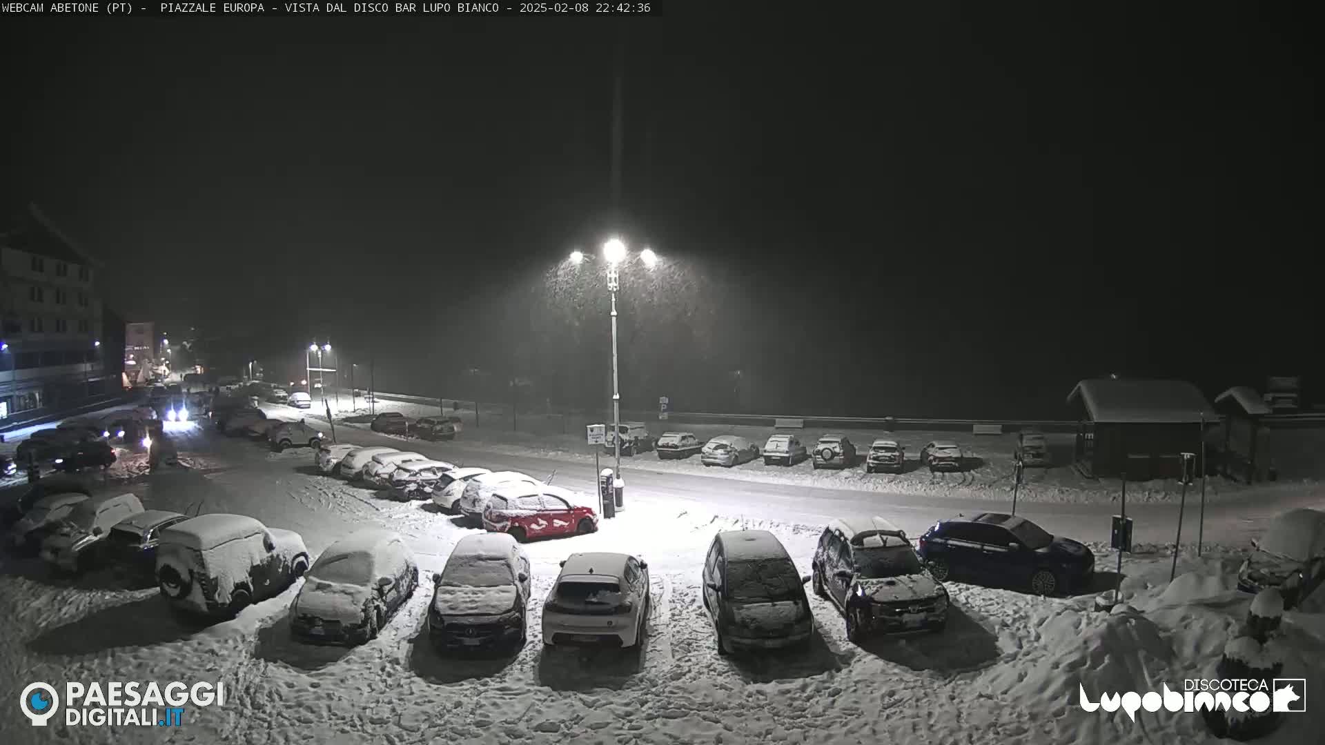 A snow-covered parking lot with cars parked in it at night during a snowfall.
