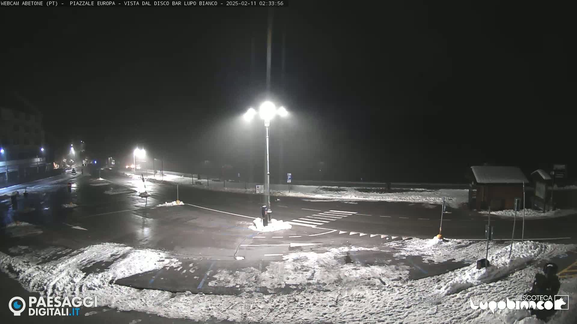A nighttime view of a snow-covered parking lot and roadway, illuminated by streetlights, under foggy conditions.