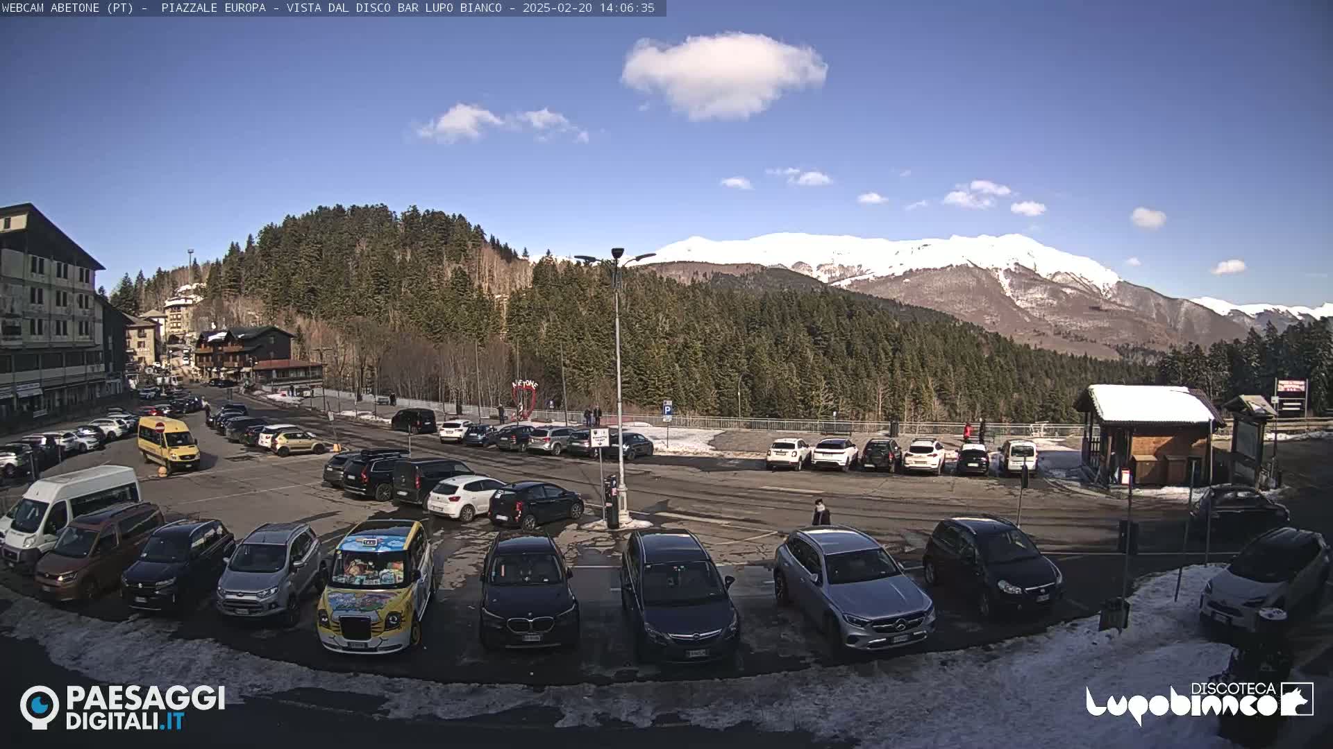 A sunny day in a mountain parking lot with numerous cars, a few vans, and a snow-capped mountain range in the background.