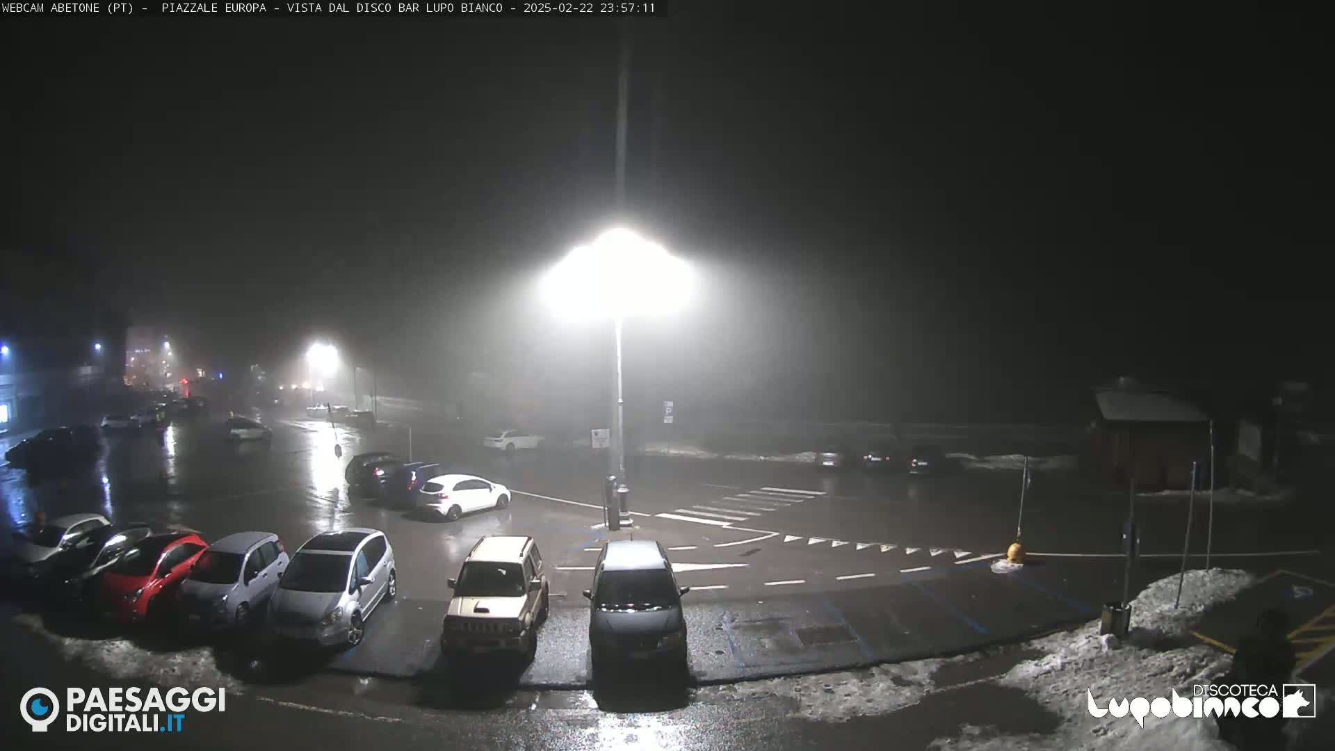 A nighttime parking lot with several cars parked, illuminated by streetlights in foggy or snowy conditions.