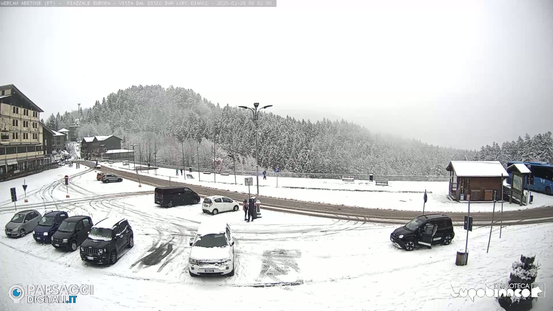 A snow-covered parking lot with several cars and a building in the background, surrounded by snow-covered trees under a cloudy sky.