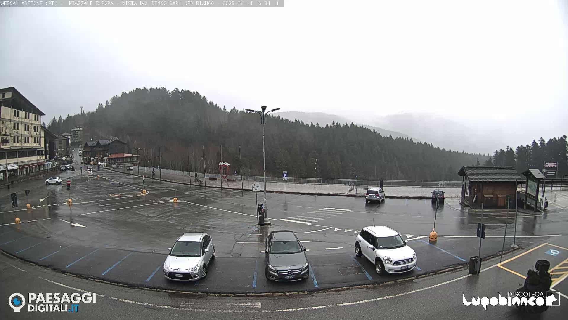 A wet parking lot with several cars is situated in front of a building, overlooking a forested mountain range under an overcast sky.