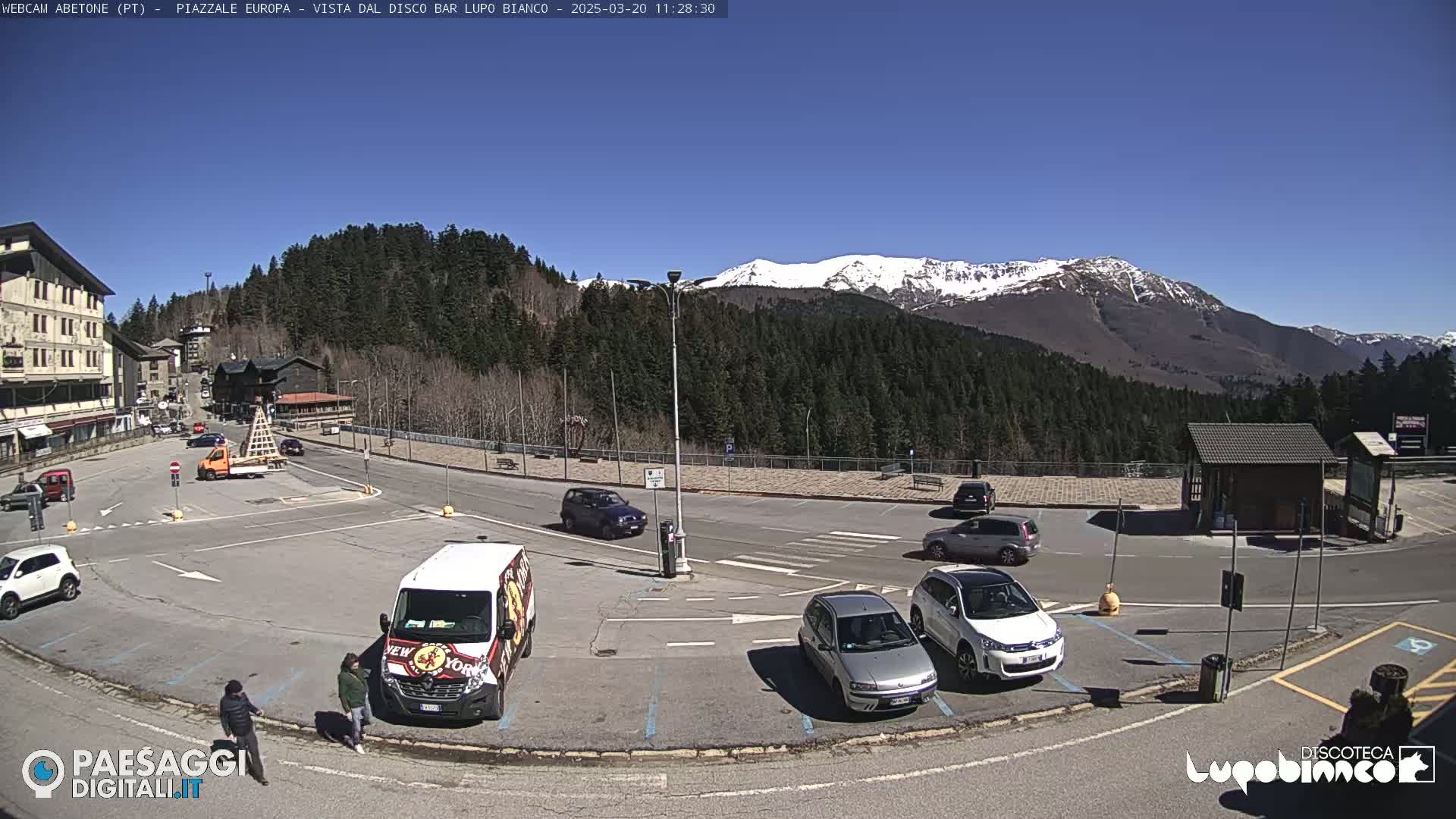 A sunny day in a mountain town parking lot with several cars and a van, overlooking snow-capped mountains and a pine forest.