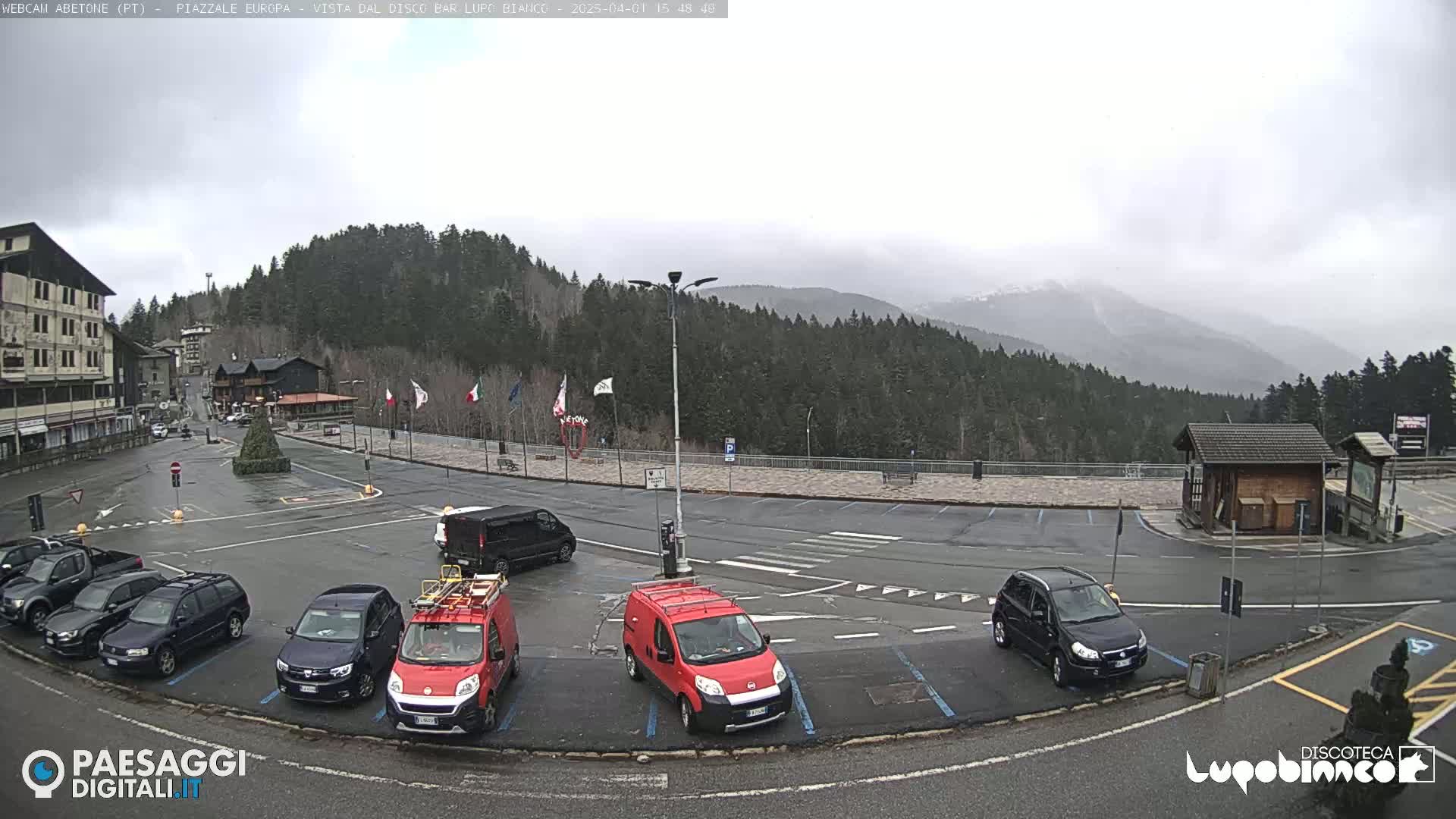 A mostly empty parking lot with several cars and vans is situated in front of a building and a forested mountain range under an overcast sky.