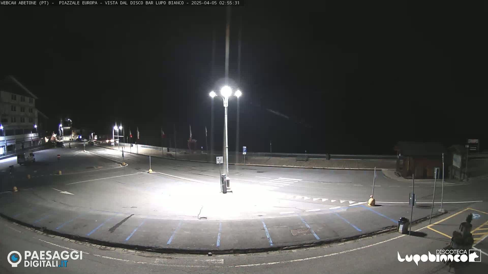 A mostly empty, dark parking lot at night is illuminated by streetlights, with a building and a few vehicles visible in the distance.