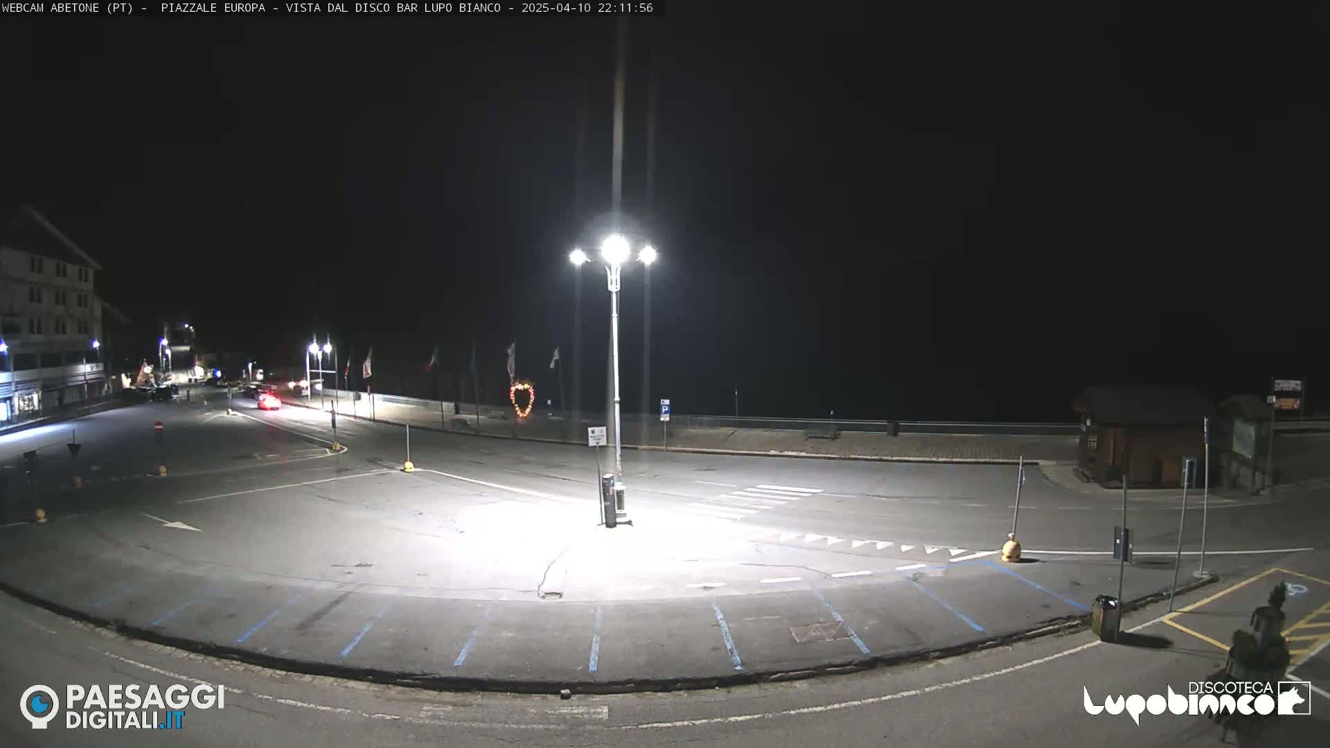 An empty, dark parking lot and roadway are illuminated by streetlights at night.
