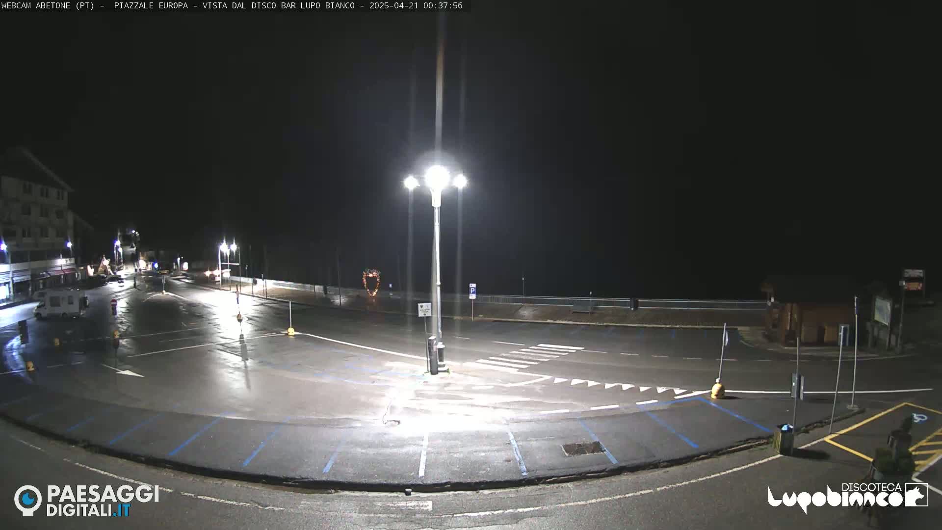 A wet, empty parking lot and roadway are illuminated at night by several streetlights.